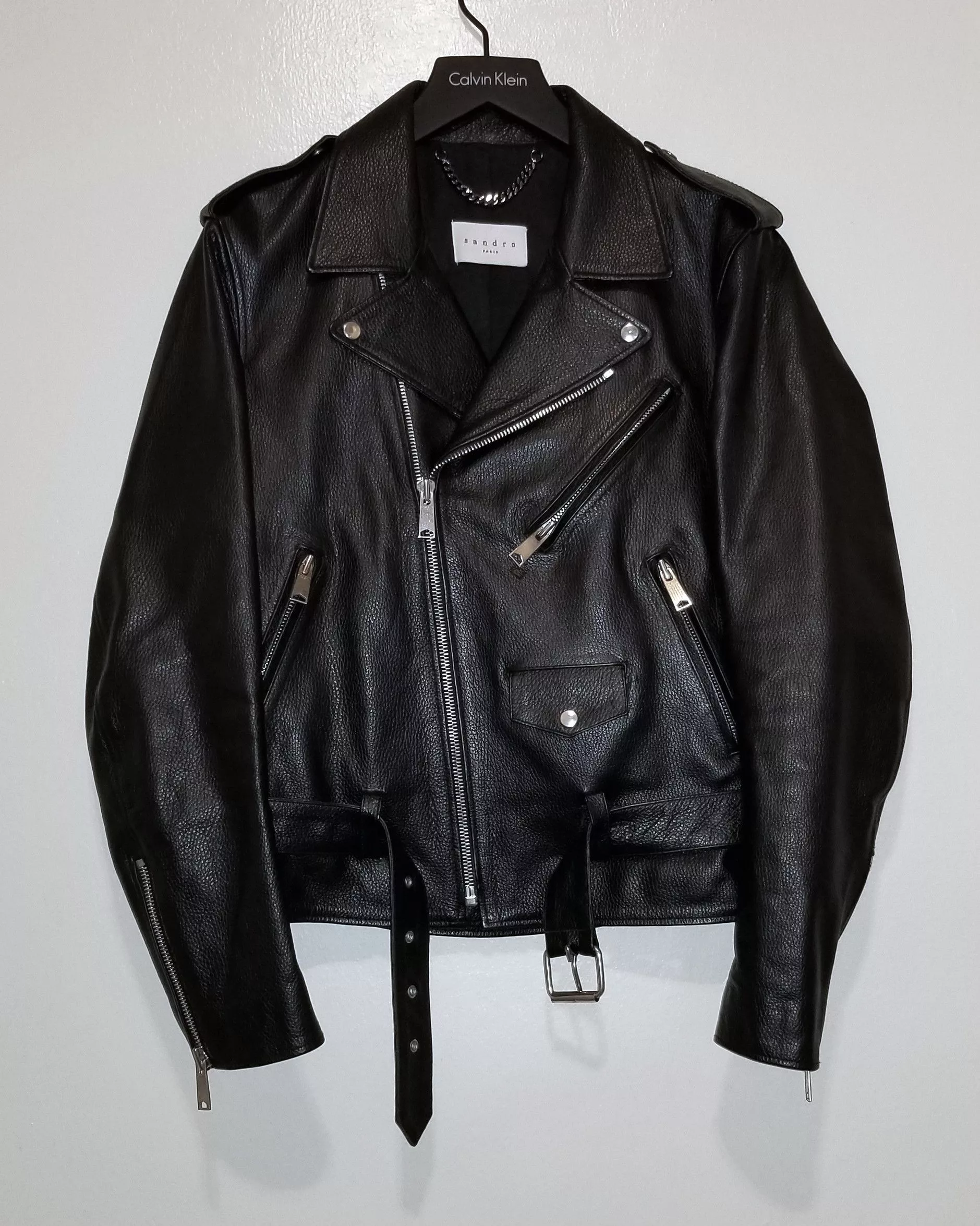 Sandro Leather Jackets Sandro Calf Leather Biker Jacket Black