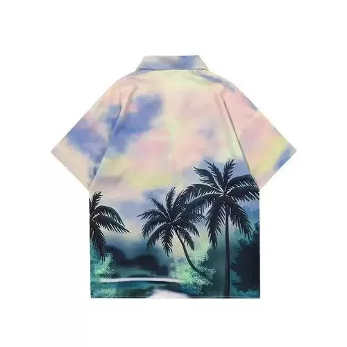 Individualized Shirts Shirts Button Ups Individualized Shirts Palm Trees Print Graphic Short Sleeve Button Up Shirt Blue Vintage