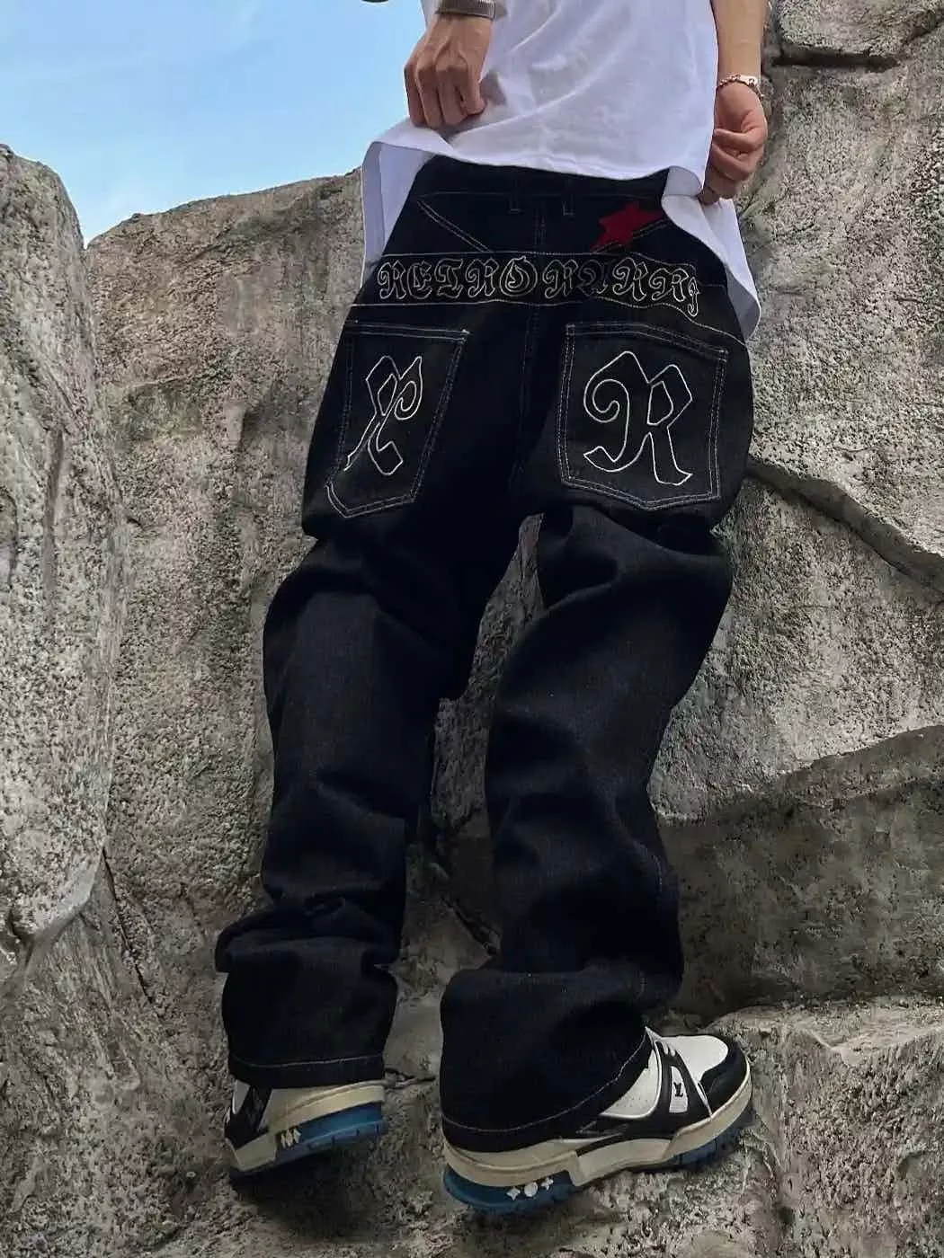 Designer Casual Pants Designer × Jean × Vintage y2k stack hiphop pattern skate baggy jeans Black