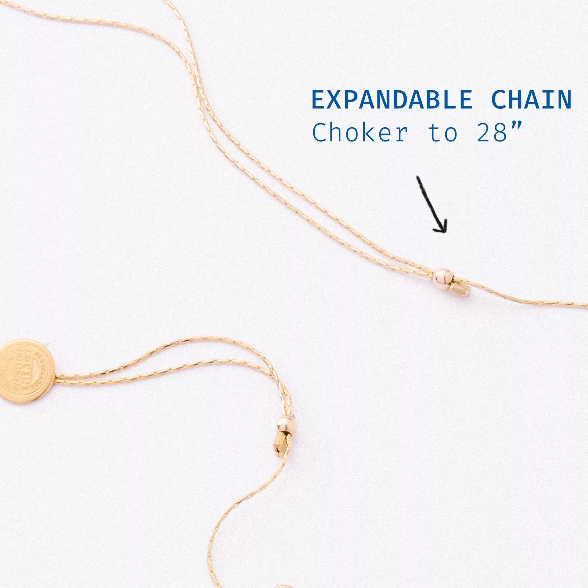 &LIVY Expandable Intention Chain Charm Necklace in gold showing expandable chain design with text Expandable Chain Choker to 28 inches featuring signature coin charm and adjustable length