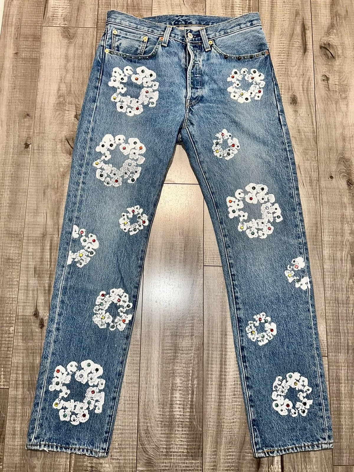 DENIM TEARS Denim DENIM TEARS × Designer Denim Tears Rhinestone Cotton Wreath Jeans Blue Streetwear