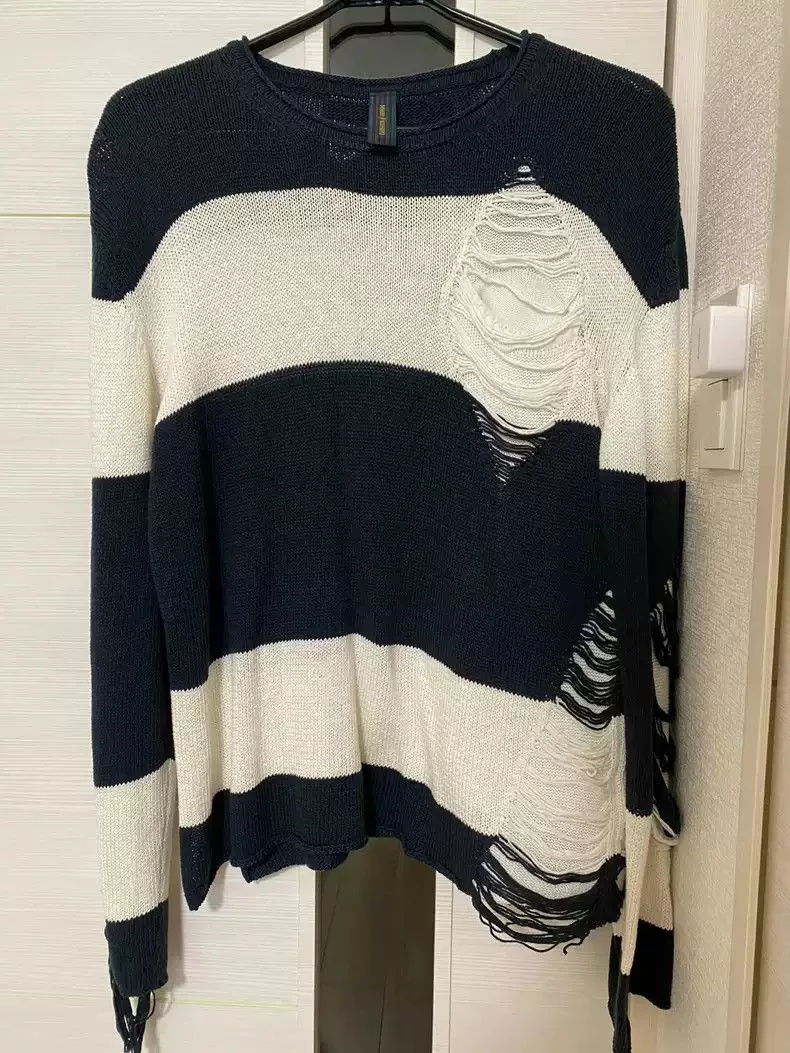 Maison MIHARA YASUHIRO Sweaters Knitwear Maison MIHARA YASUHIRO Mihara Yasuhiro black and white striped sweater with holes.