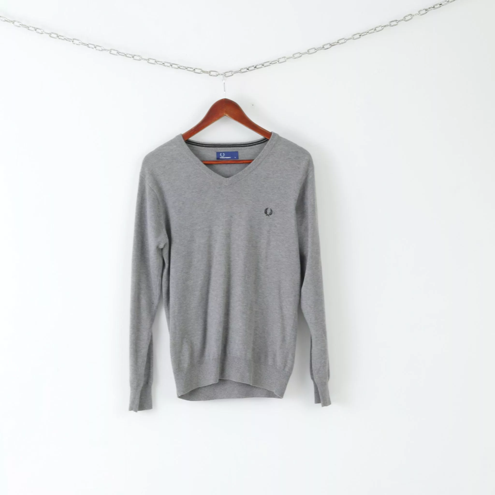 Fred Perry Sweaters Knitwear Fred Perry Mens S Jumper Grey Cotton V Neck Plain Sweater Gray