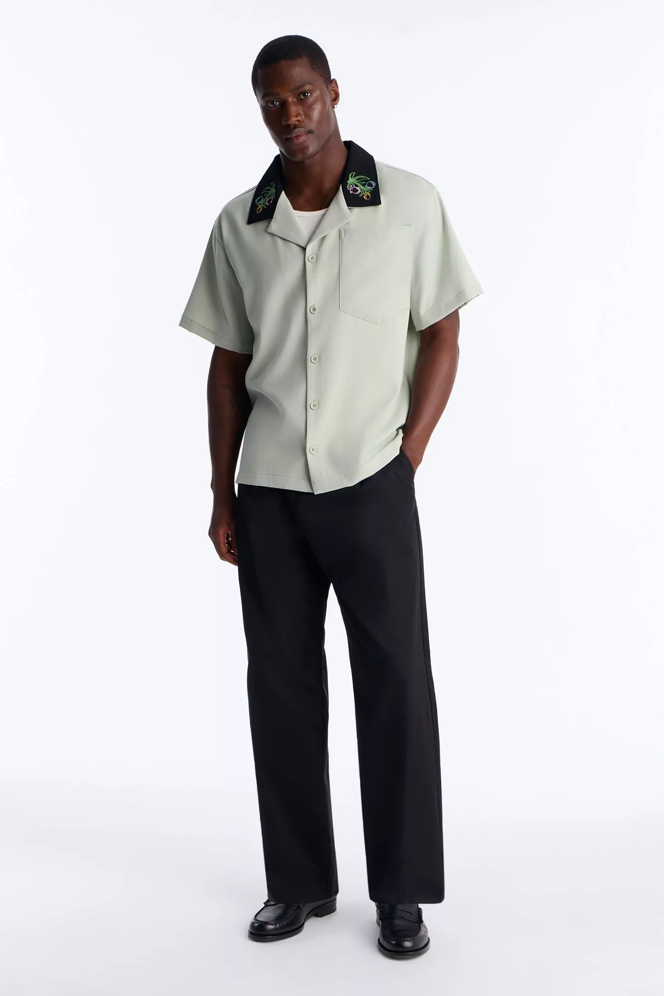 Botanical Embroidered Cuban Collar Button Up Shirt - Mint