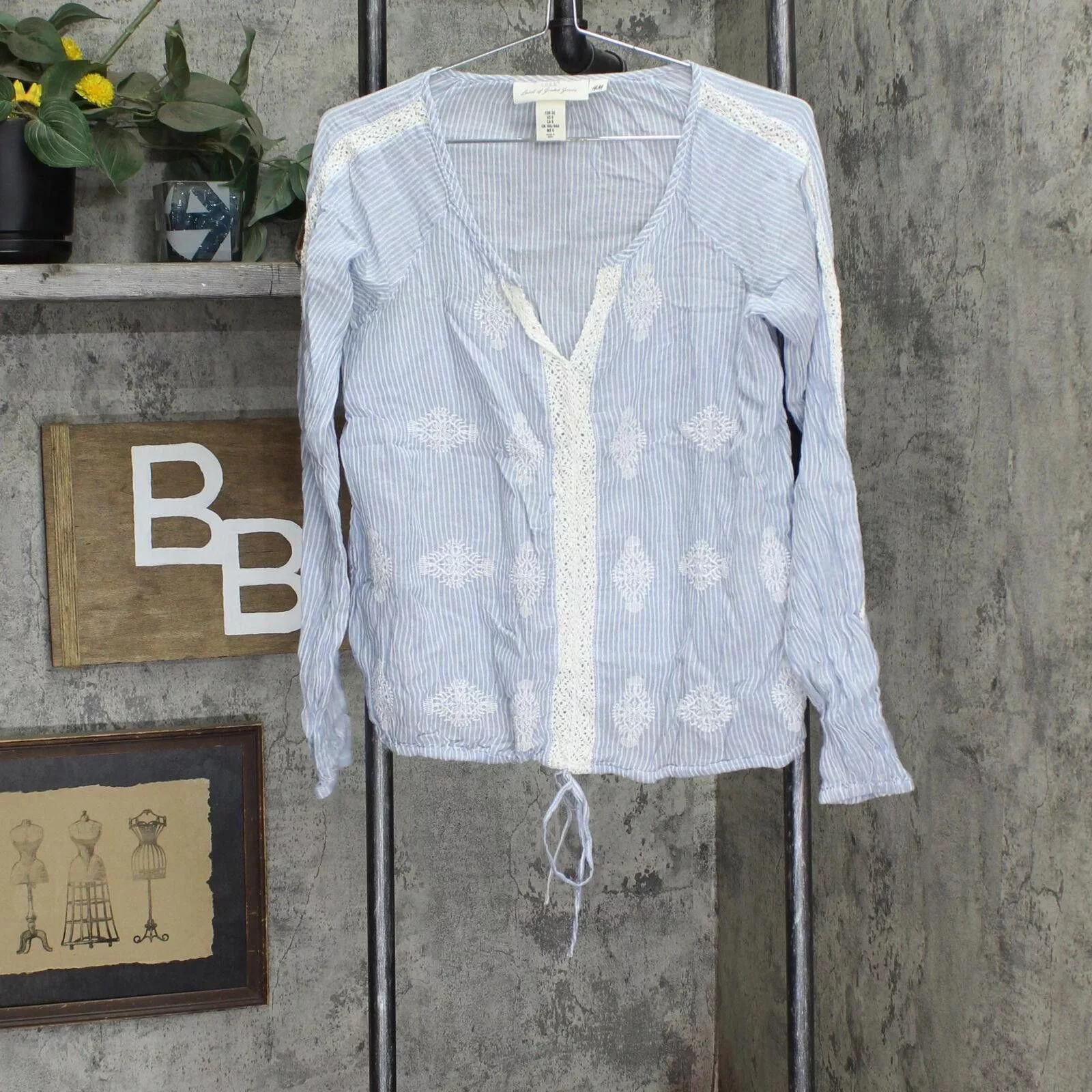 H&M Blouses H&M LOGG Sleeve Crochet Trim Blouse Shirt Top Blue Multi 6