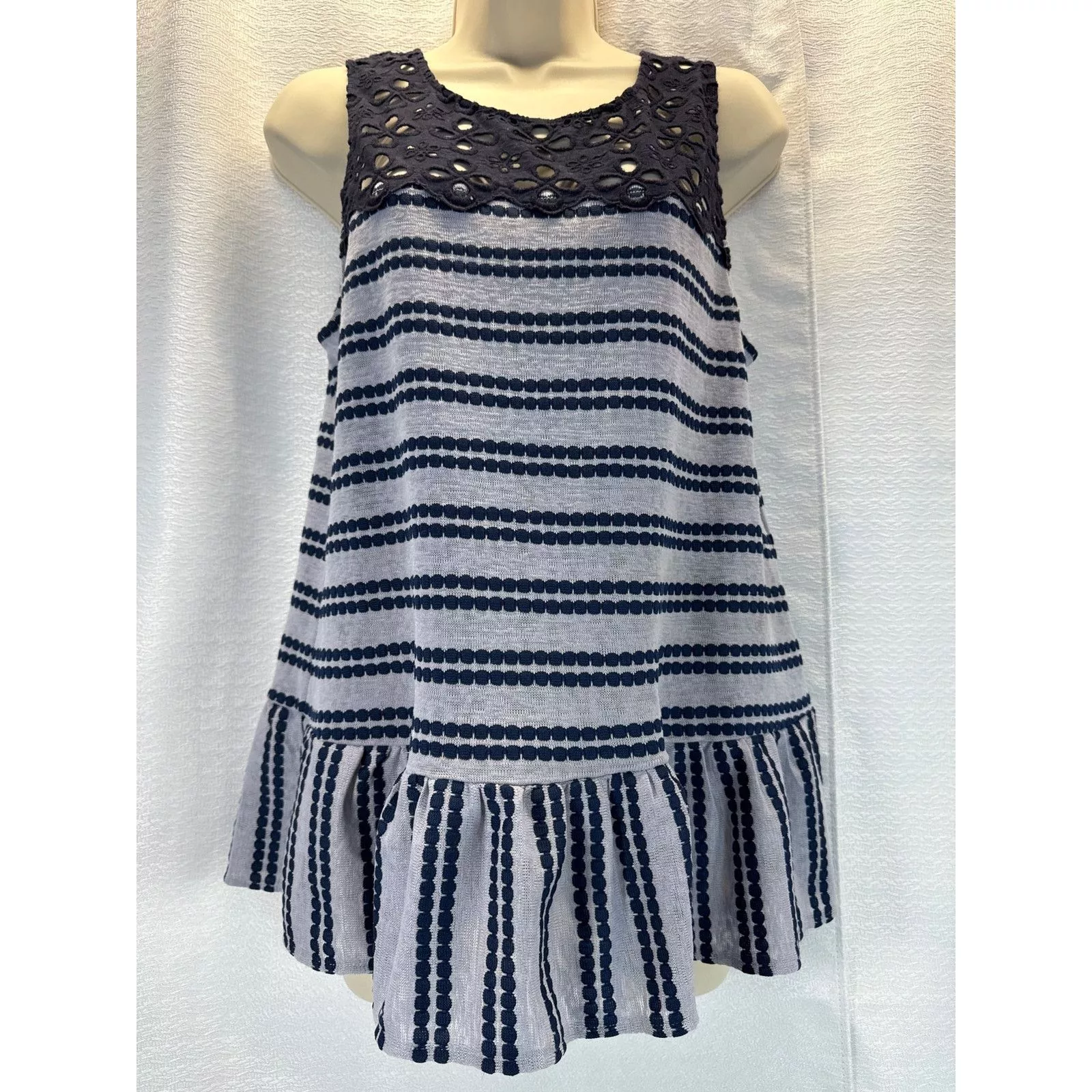 Free People Blouses Free People Sleeveless Navy Lace & Stripe Top women sz S Blue