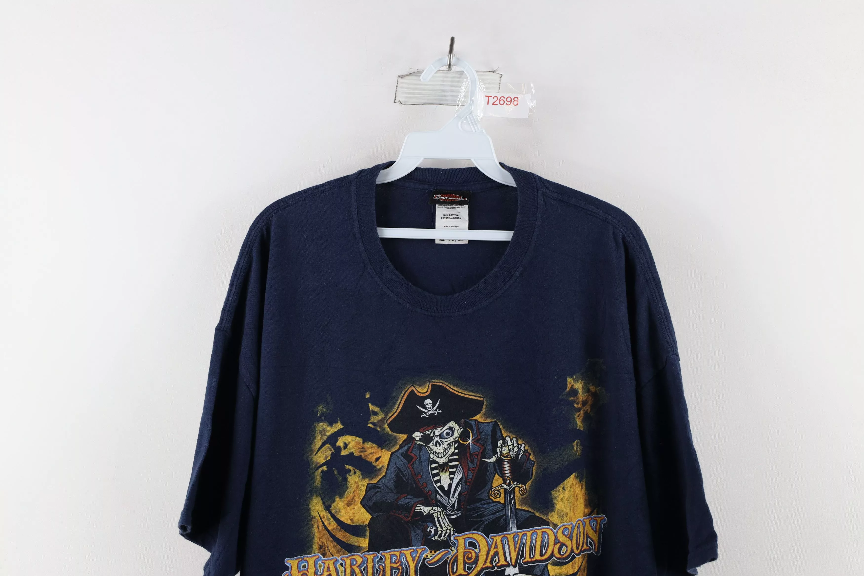 Harley Davidson Short Sleeve T Shirts Harley Davidson × Vintage Vintage Harley Davidson Skull Fire Flames T-Shirt Blue