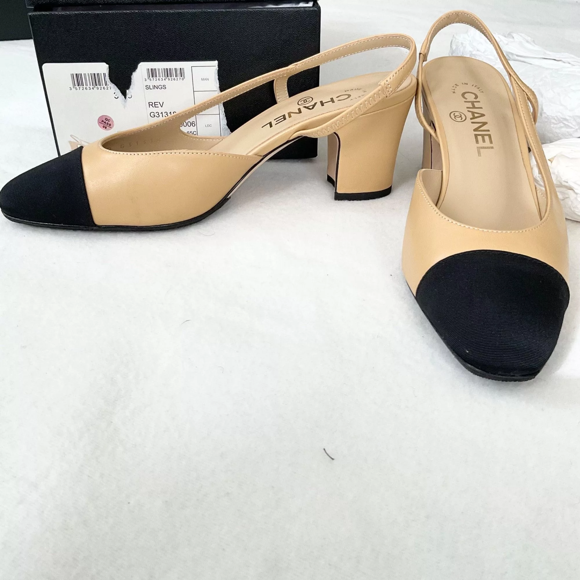 Chanel Heels CHANEL Interlocking TWO tone beige Leather Slingback Pumps h Multi