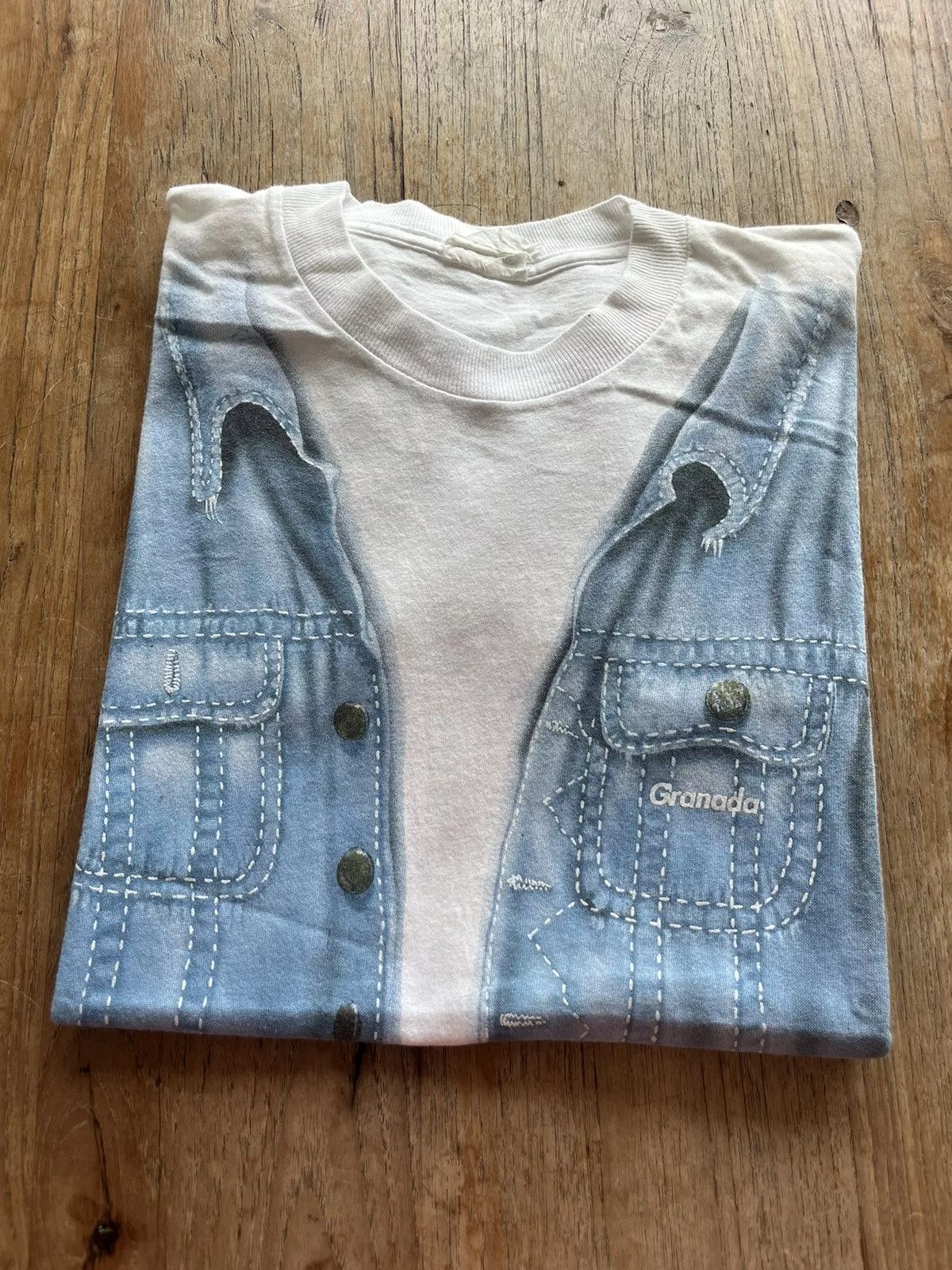 Vintage Short Sleeve T Shirts Vintage Granada Jacket Print Expression Dukoaps 90’s T-shirt White