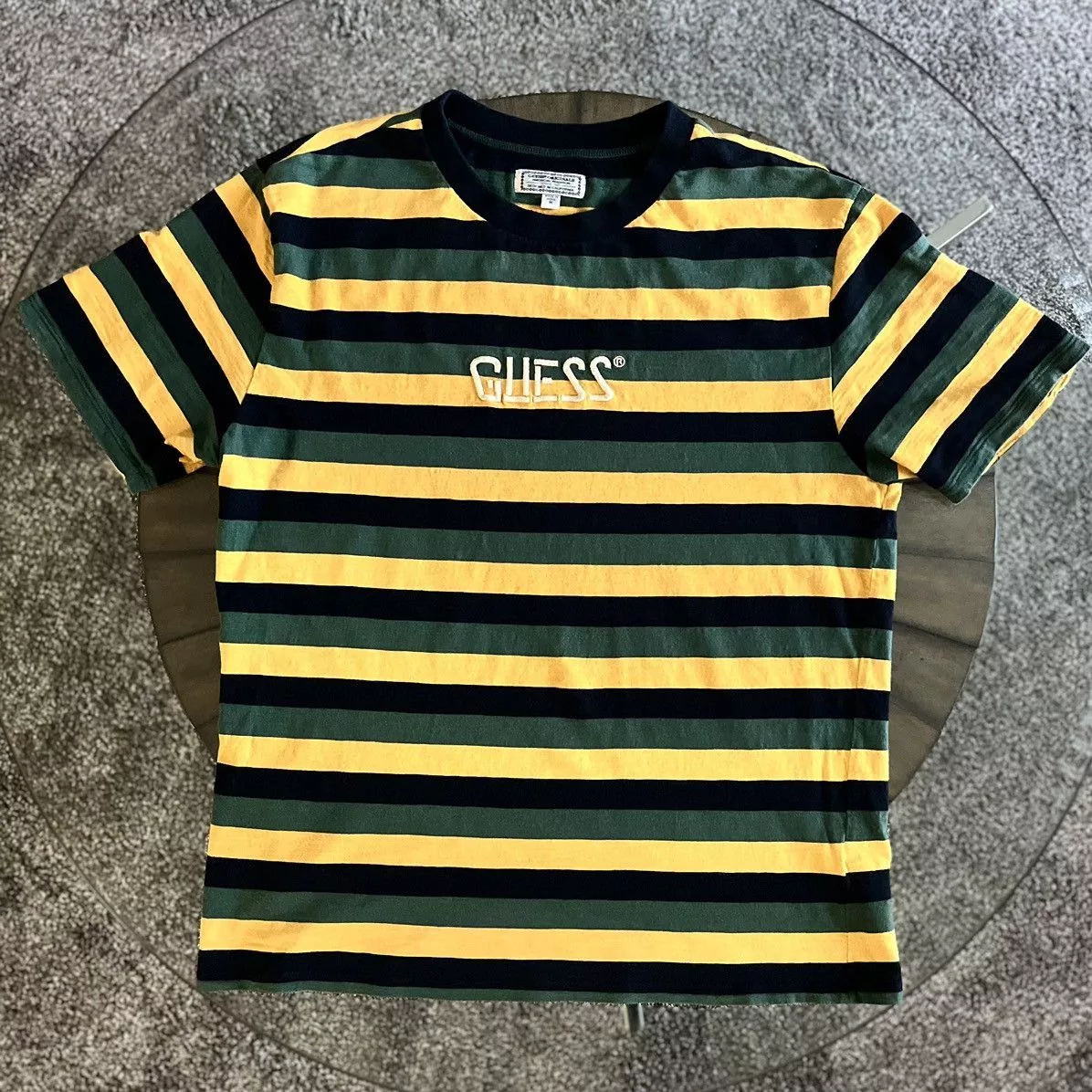 Guess Short Sleeve T Shirts Guess Los Angeles Green/Yellow Striped T-Shirt Black