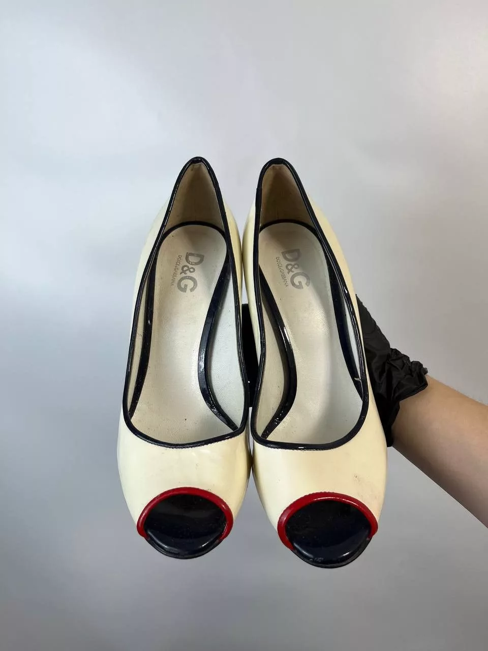 Dolce & Gabbana Heels Dolce & Gabbana D&G White Patent Leather Peep Toe Pumps Size 37 Luxury