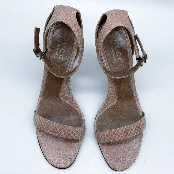 Gucci Heels Gucci Snake Pattern Kitten Heel Ankle Strap Leather Sandal Pink