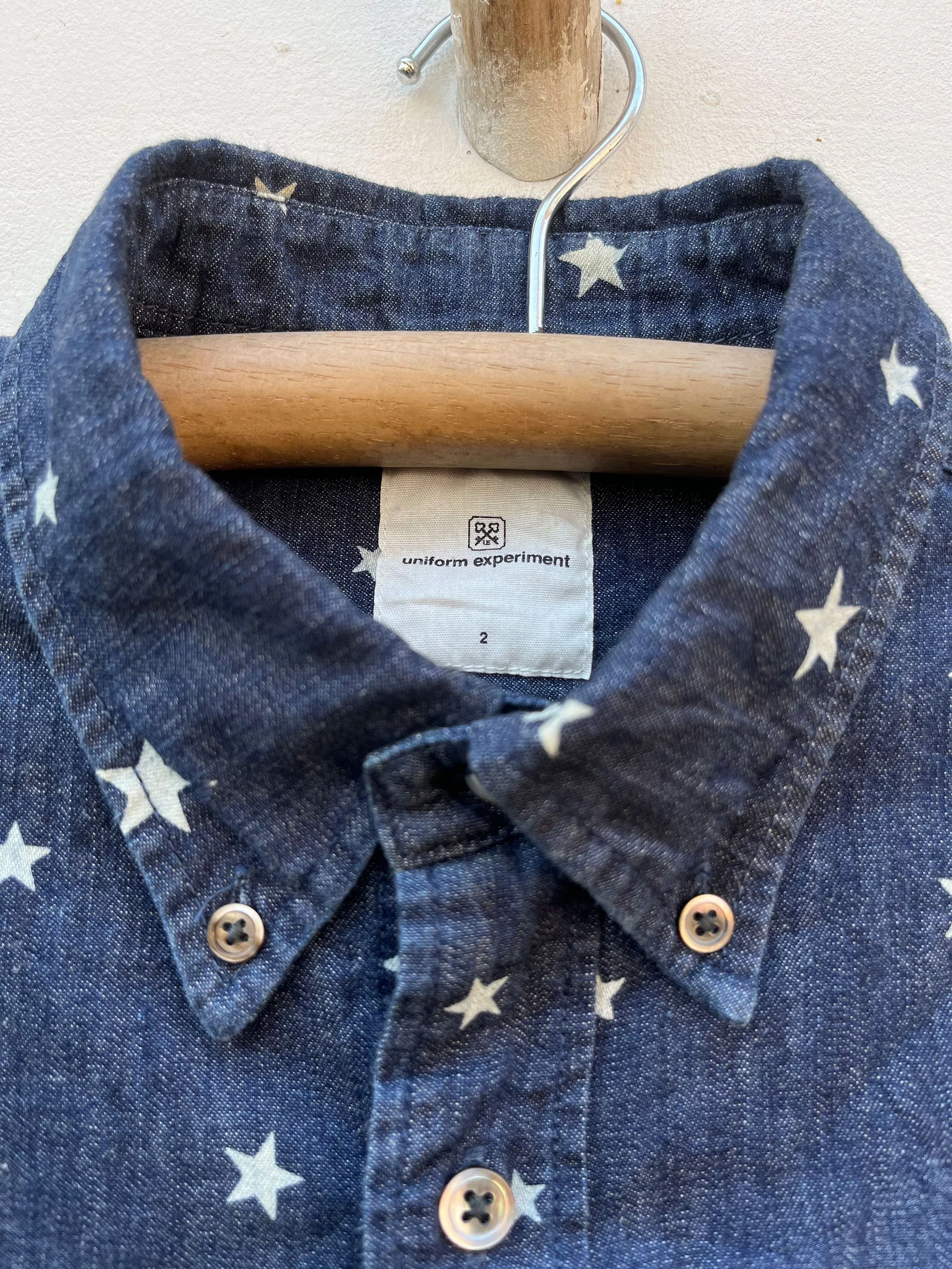 Designer Shirts Button Ups Designer × Fragment Design × uniform experiment Uniform Experiment Soph Denim Short Sleeve Button Down Shirt Blue