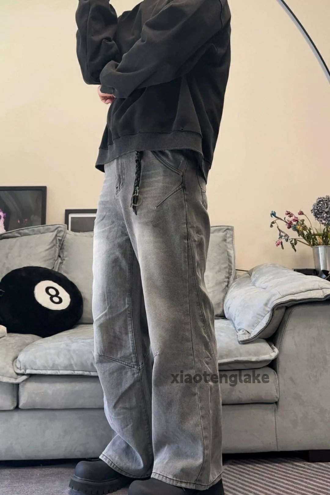 Jean Denim Jean × Vintage washed faded carpenter patchwork flared jeans Gray