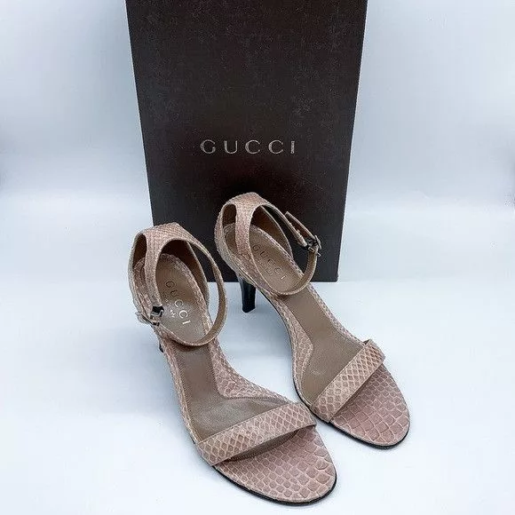 Gucci Heels Gucci Snake Pattern Kitten Heel Ankle Strap Leather Sandal Pink