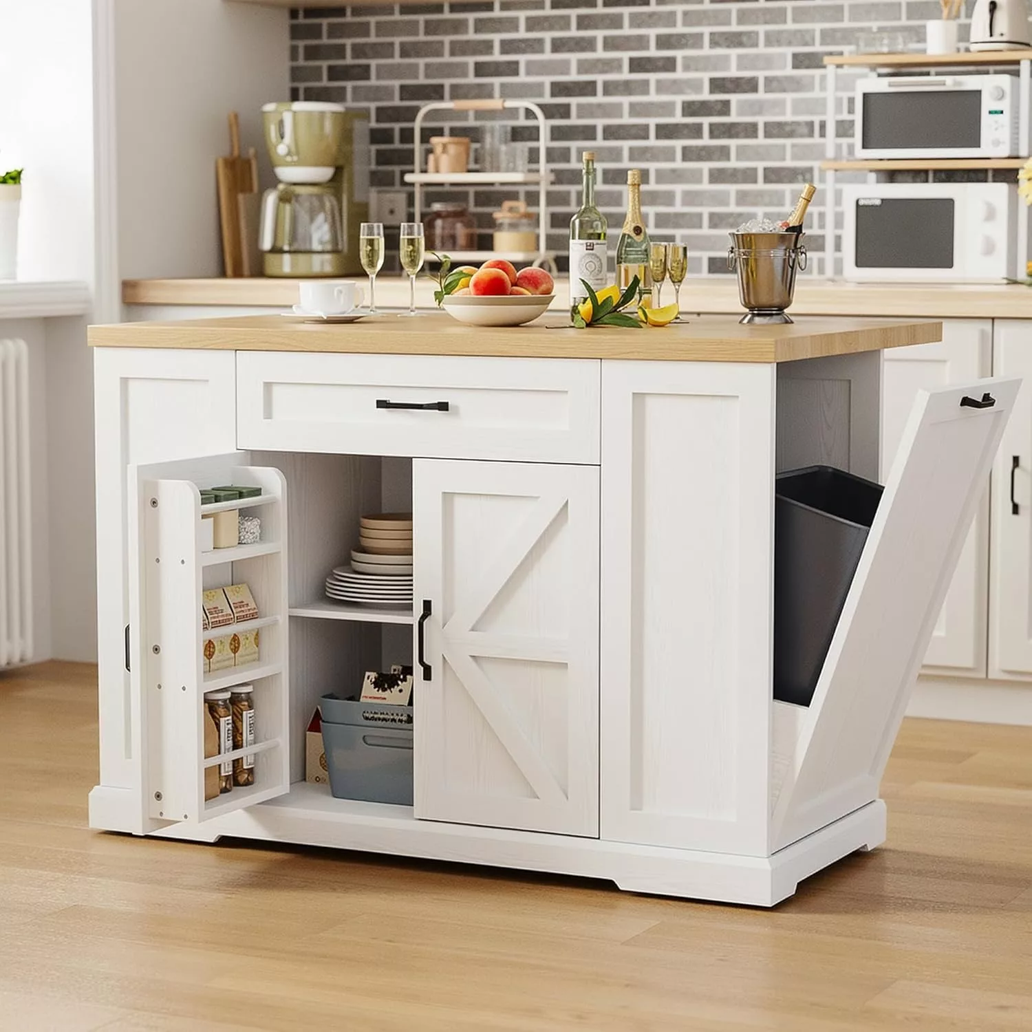 IRONCK Kitchen Island with Storage Rolling Cart Drop Leaf and Trash Can Storage