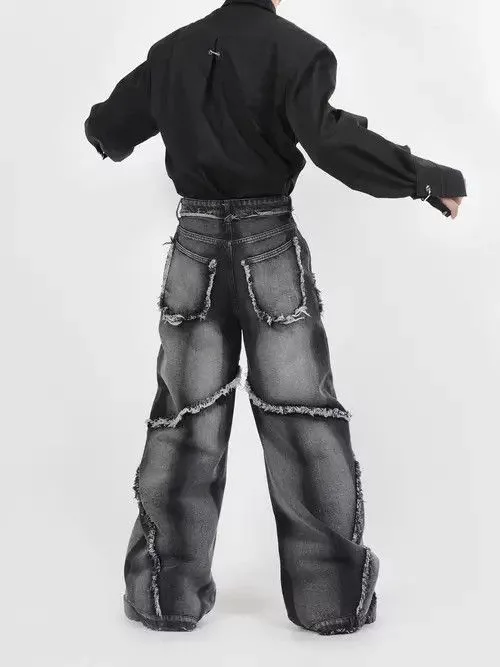 Japanese Brand Denim Japanese Brand × Jean Vintage washed distressed fringed micro-flare jeans Black Streetwear