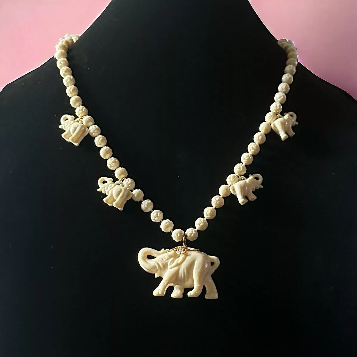 Vintage Necklaces Vintage beaded elephant necklace Beige