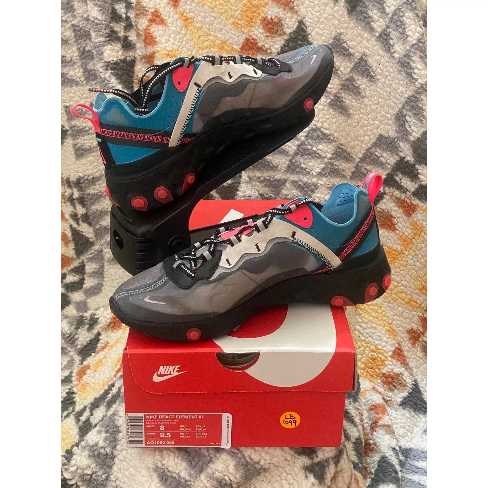 Nike Low Top Sneakers Nike React Element 87 "Solar Red" m 8 /w 9.5 Black
