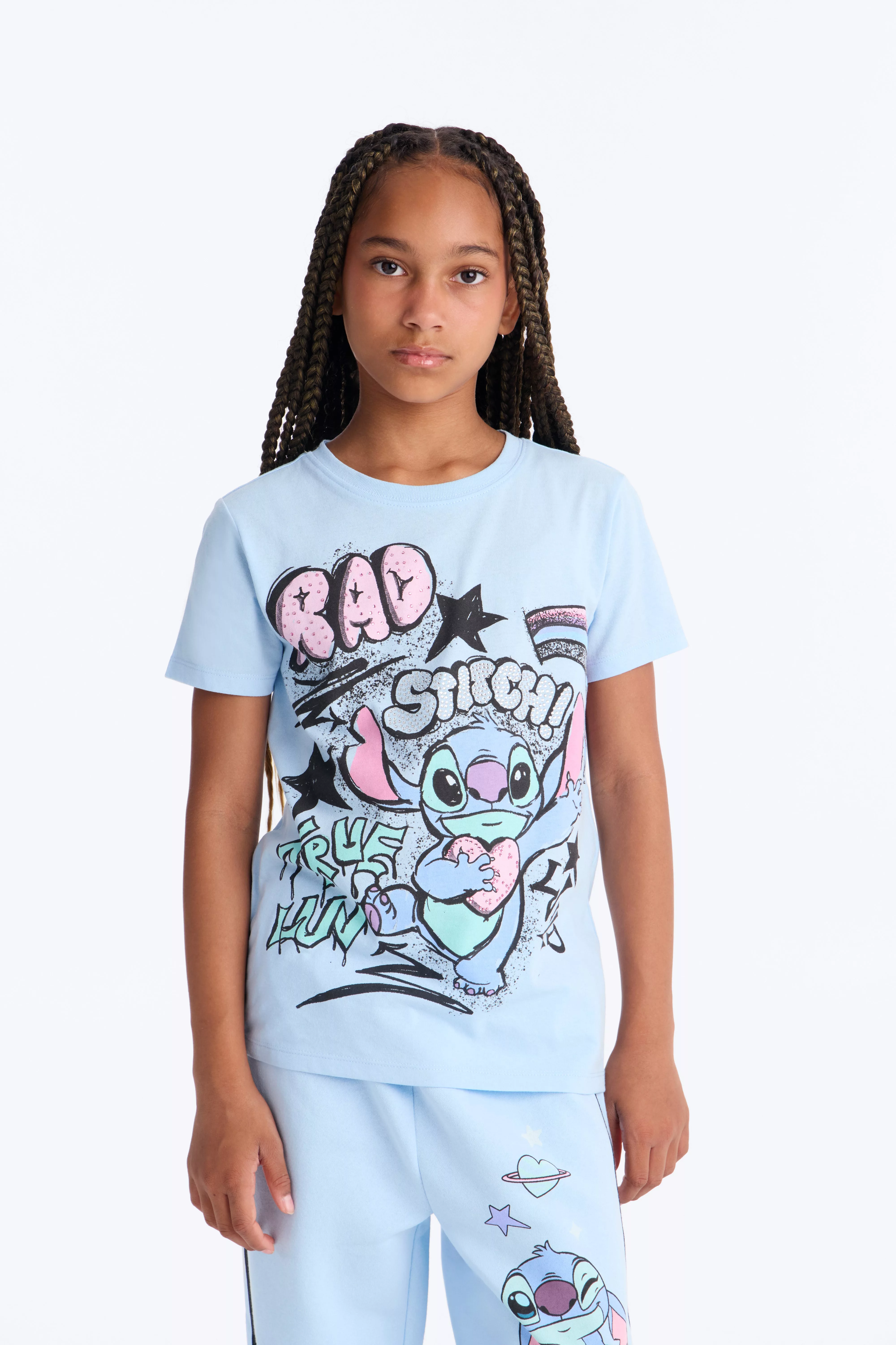 Mini Stitch Graffiti Wide Leg Pant Set - Light Blue