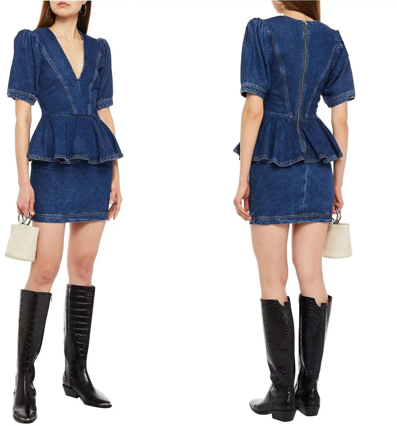 ROTATE Mini Dresses ROTATE Mindy Denim Peplum Mini Blue Dress