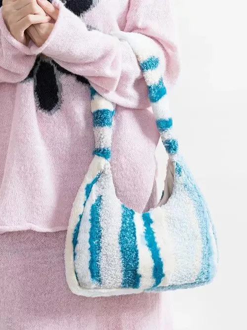 Other Shoulder Bags Other Striped Faux Fur Clutch Shoulder Hobo Bag White Streetwear