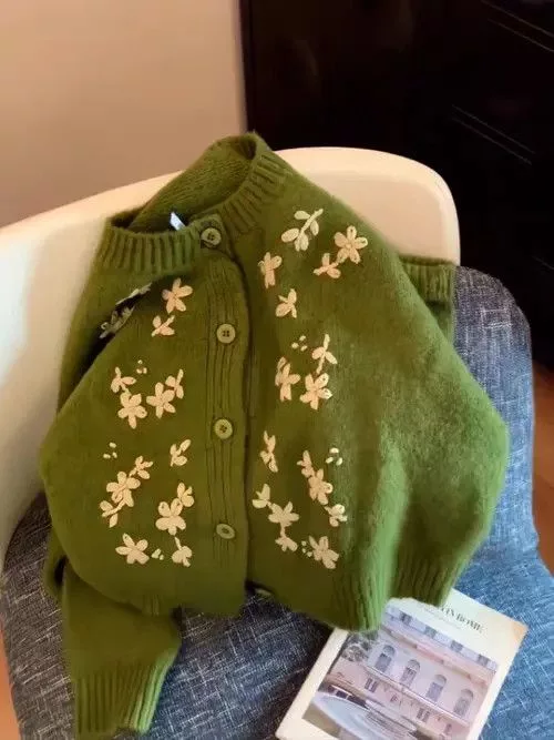 Japanese Brand Sweaters Japanese Brand Green loose flower embroidered knitted cardigan sweater Streetwear