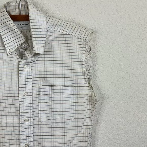 Thom Browne Shirts Button Ups Thom Browne Thom Brown Poplin Cotton 2009 Gridded Frayed Sleeveless Men' White