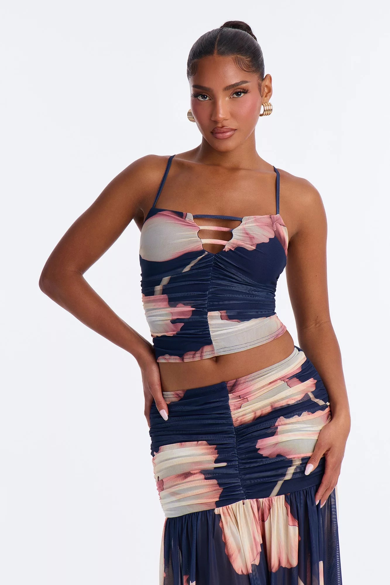 Hallie Floral Mesh Maxi Skirt Set - Navy/combo