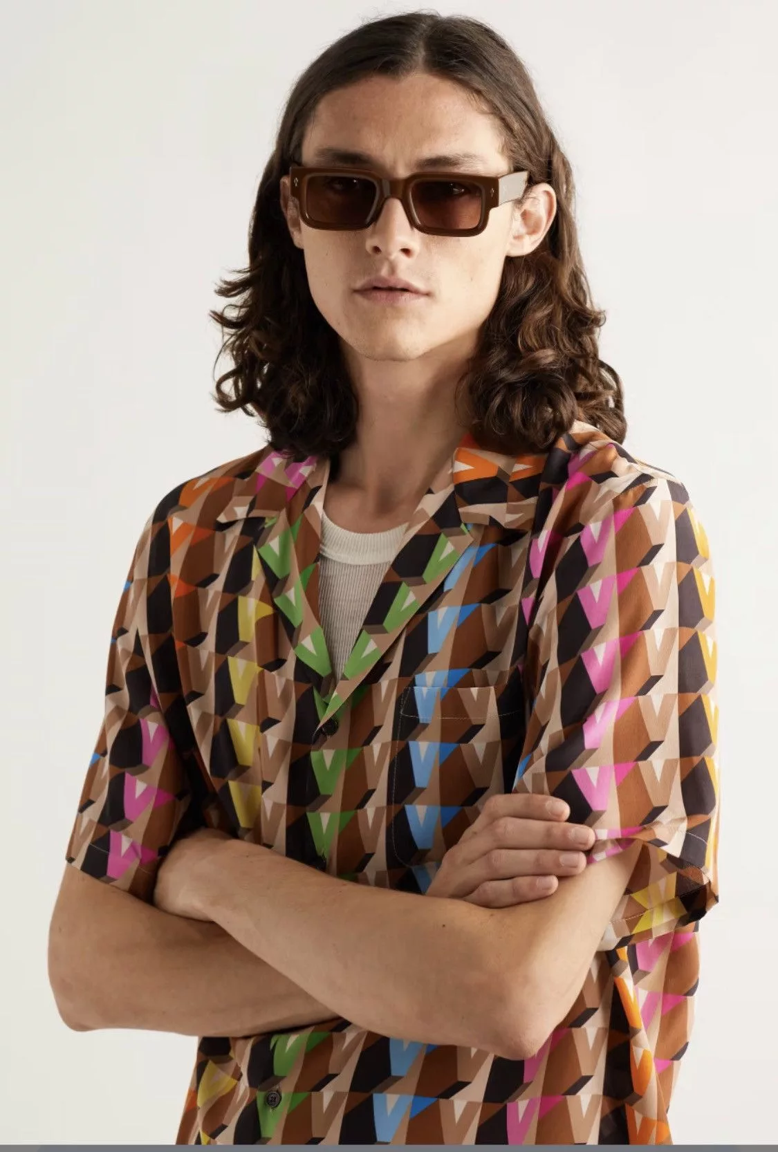 Valentino Shirts Button Ups Valentino V All over print Silk short sleeve shirt size46 Brown