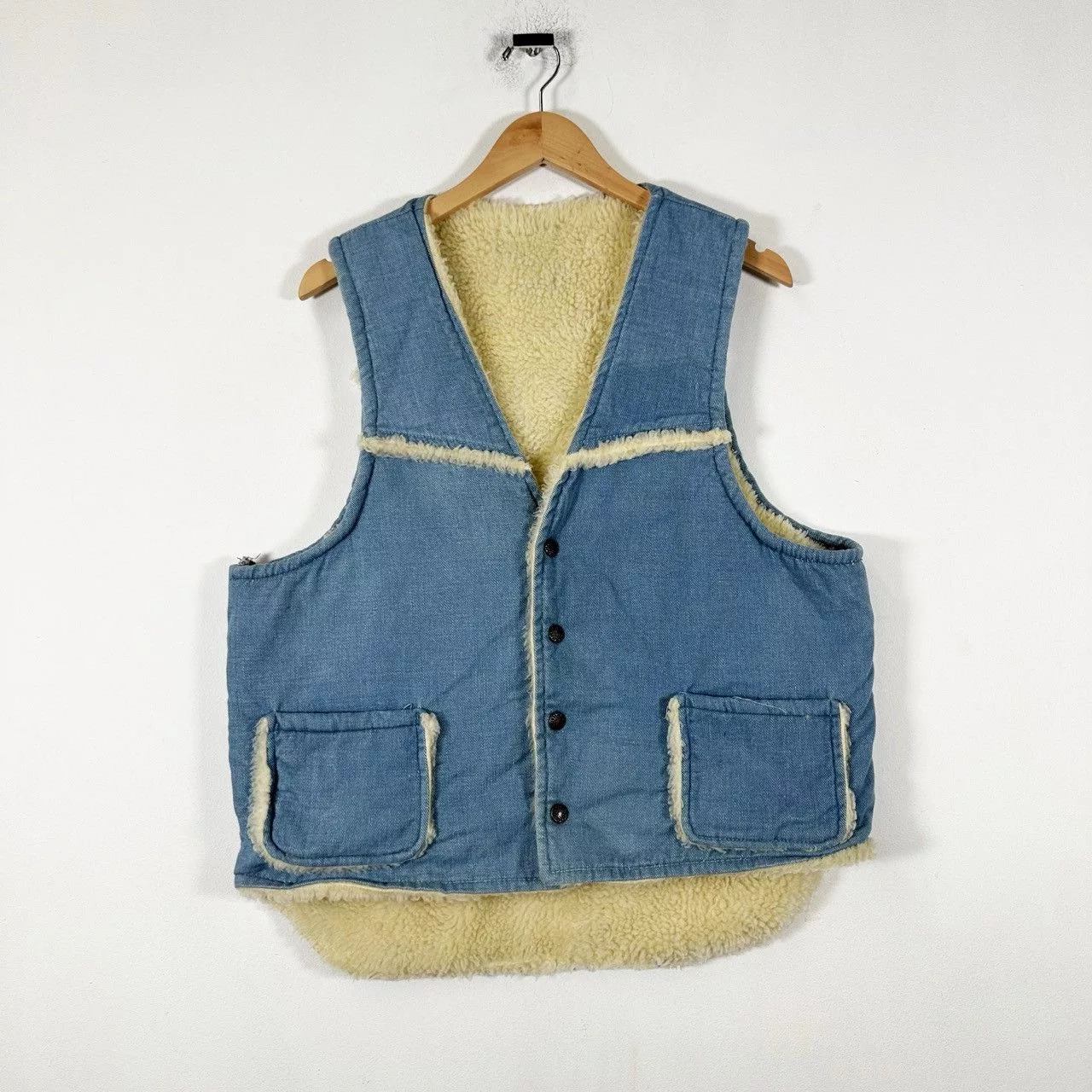 Vintage Vests Vintage 90s Denim Sherpa Lined Button Up Vest Blue Streetwear