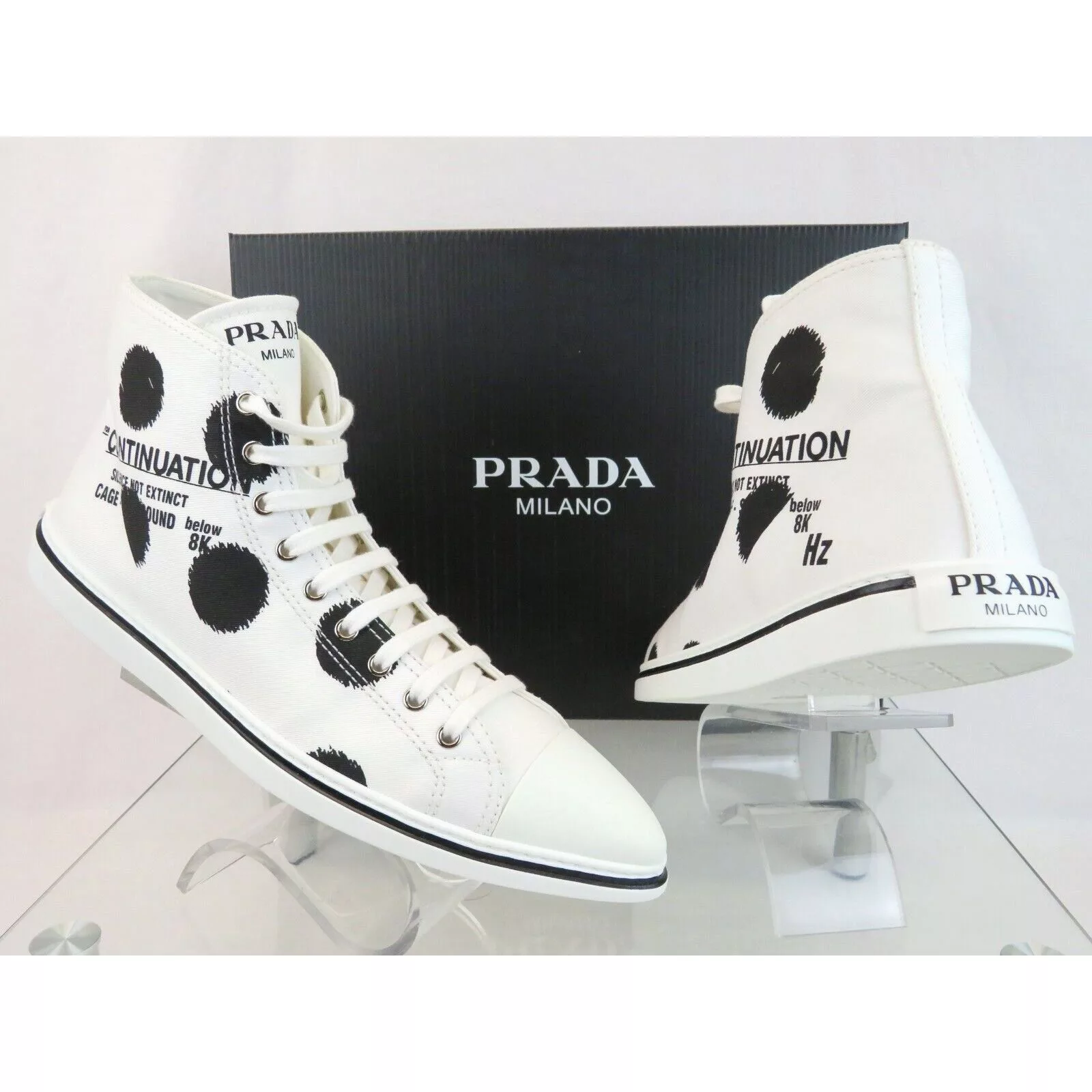 Prada Low Top Sneakers Prada 1T618M WHITE BLACK POLKA CANVAS LOGO POINTY CAP SNEAKERS 40