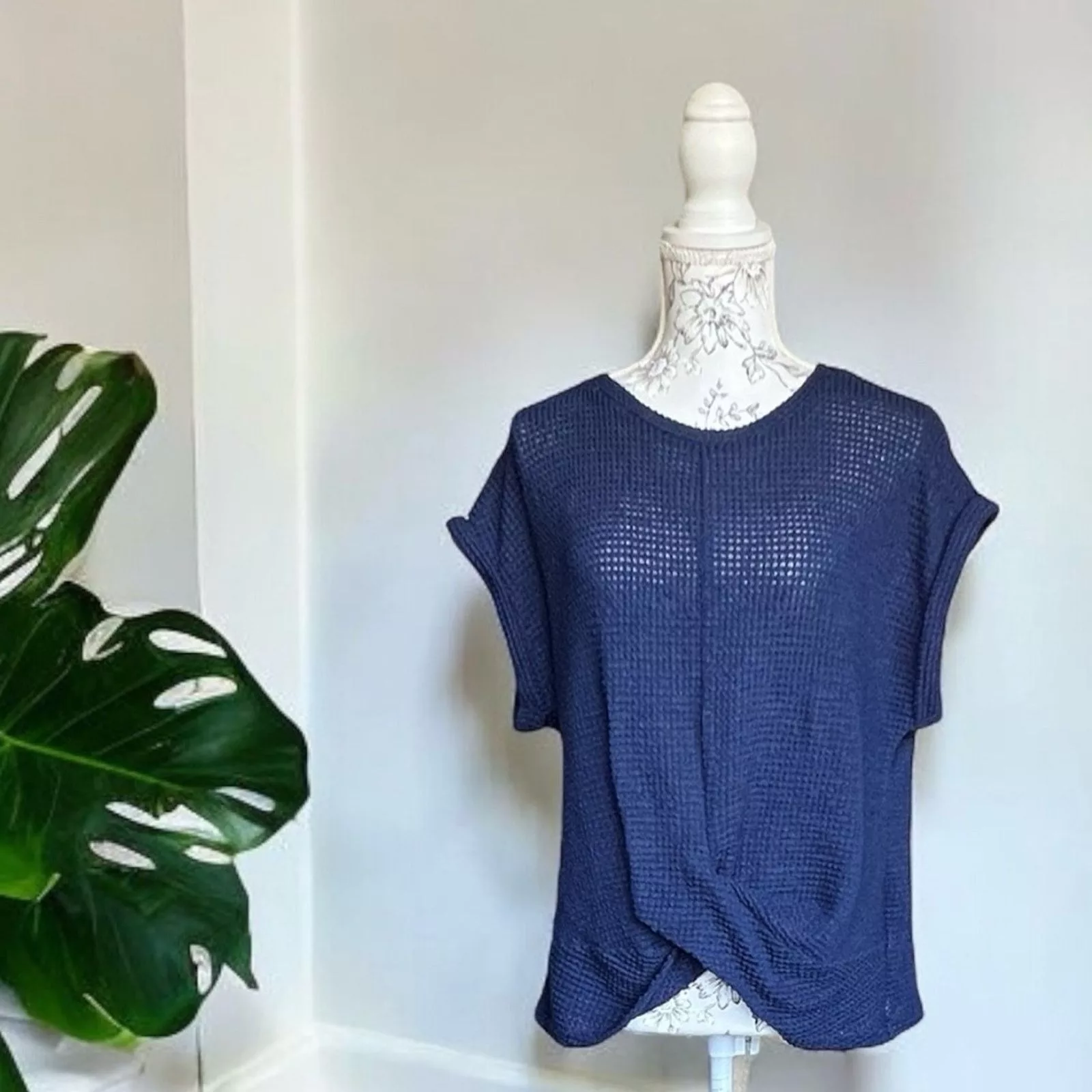 Other Short Sleeve T Shirts Other Emery Rose Short Sleeve Waffle Knit Pullover Top Navy Blue