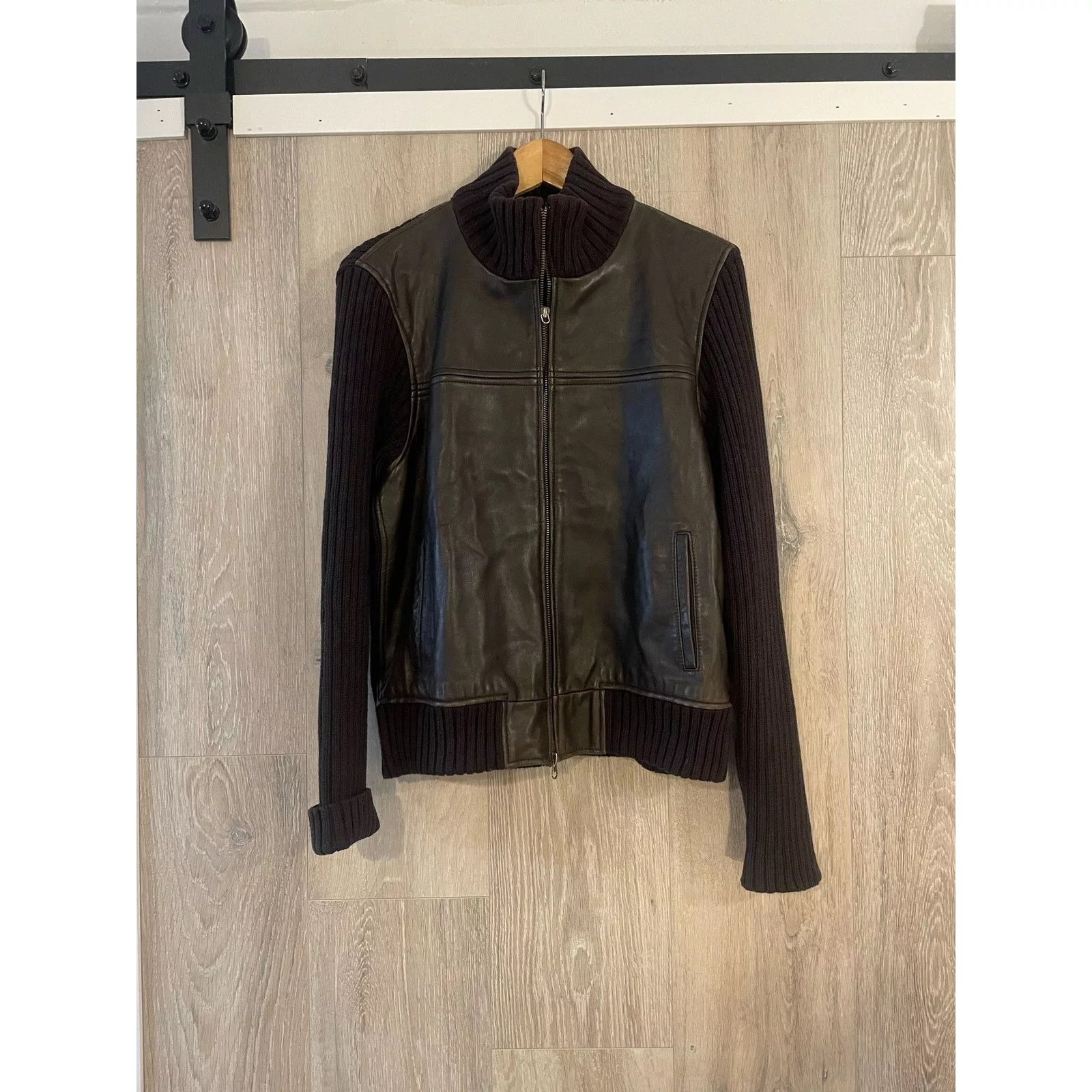 Michael Kors Jackets Michael Kors - Leather Front Ribbed Jacket / size L / Brown