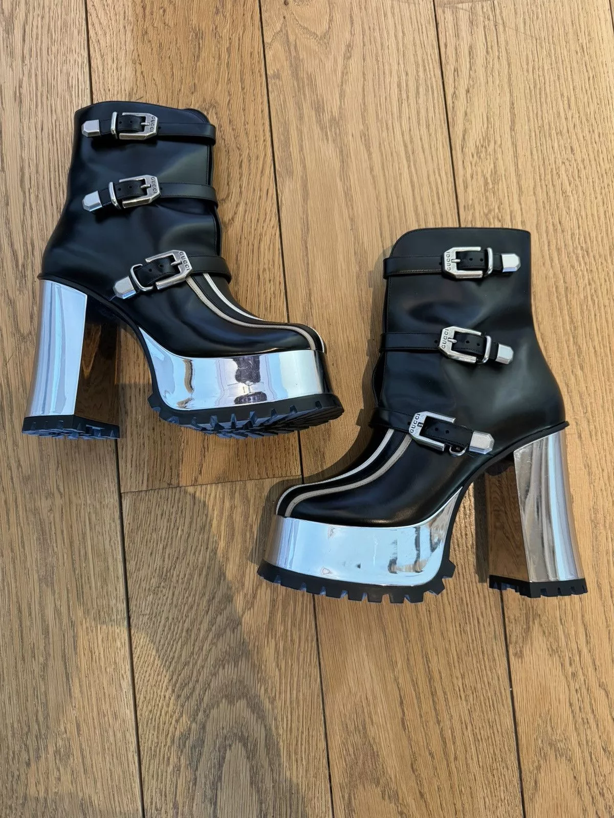 Gucci Boots Gucci Leather Striped Moto Boots Black