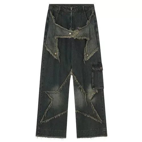 Individualized Shirts Jeans Individualized Shirts Baggy Jeans Star Patchwork Loose Straight Blue Avant-Garde