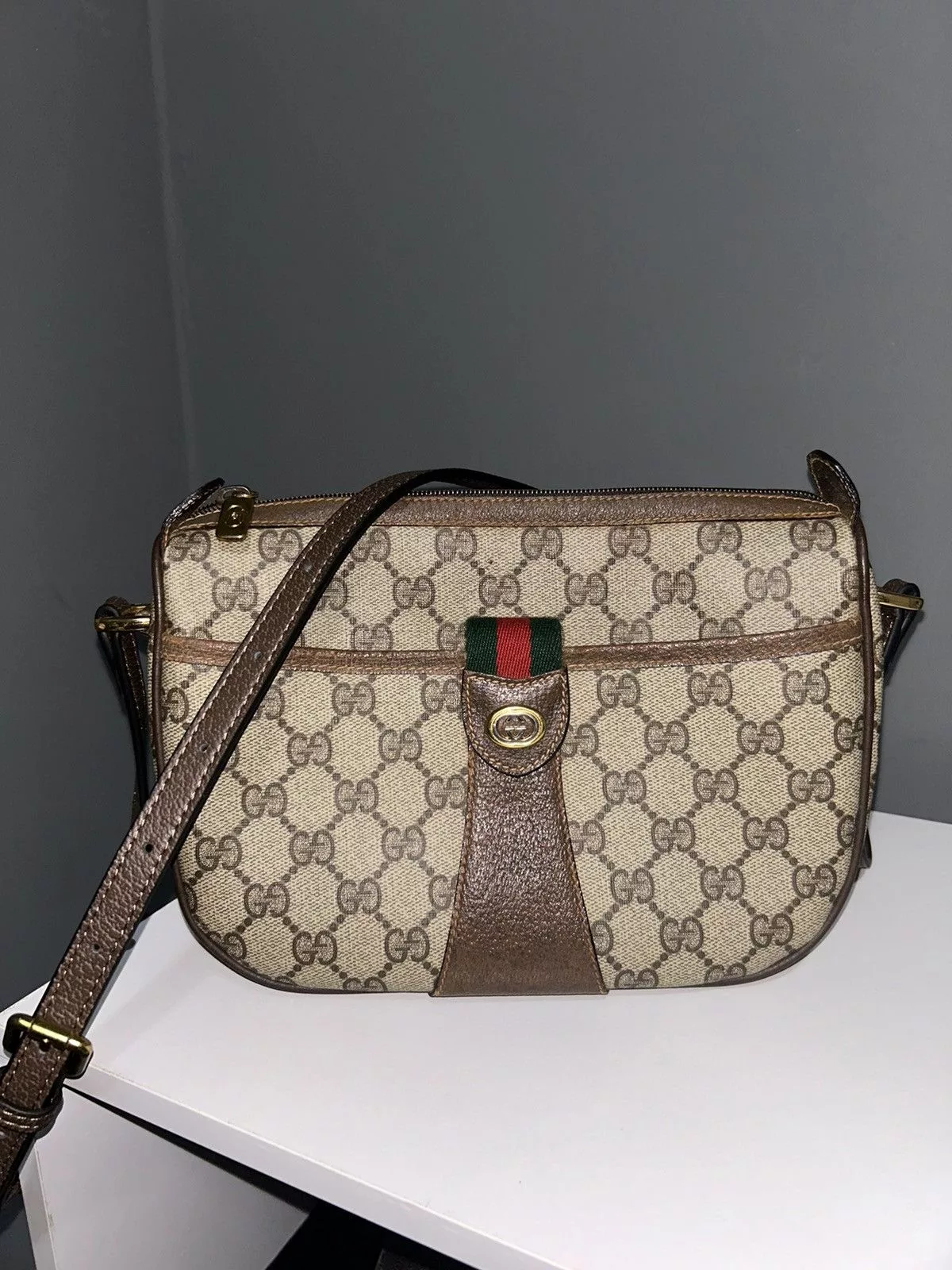 Gucci Shoulder Bags Gucci GG Canvas Web Sherry Line Shoulder Bag 89.02.032 Brown