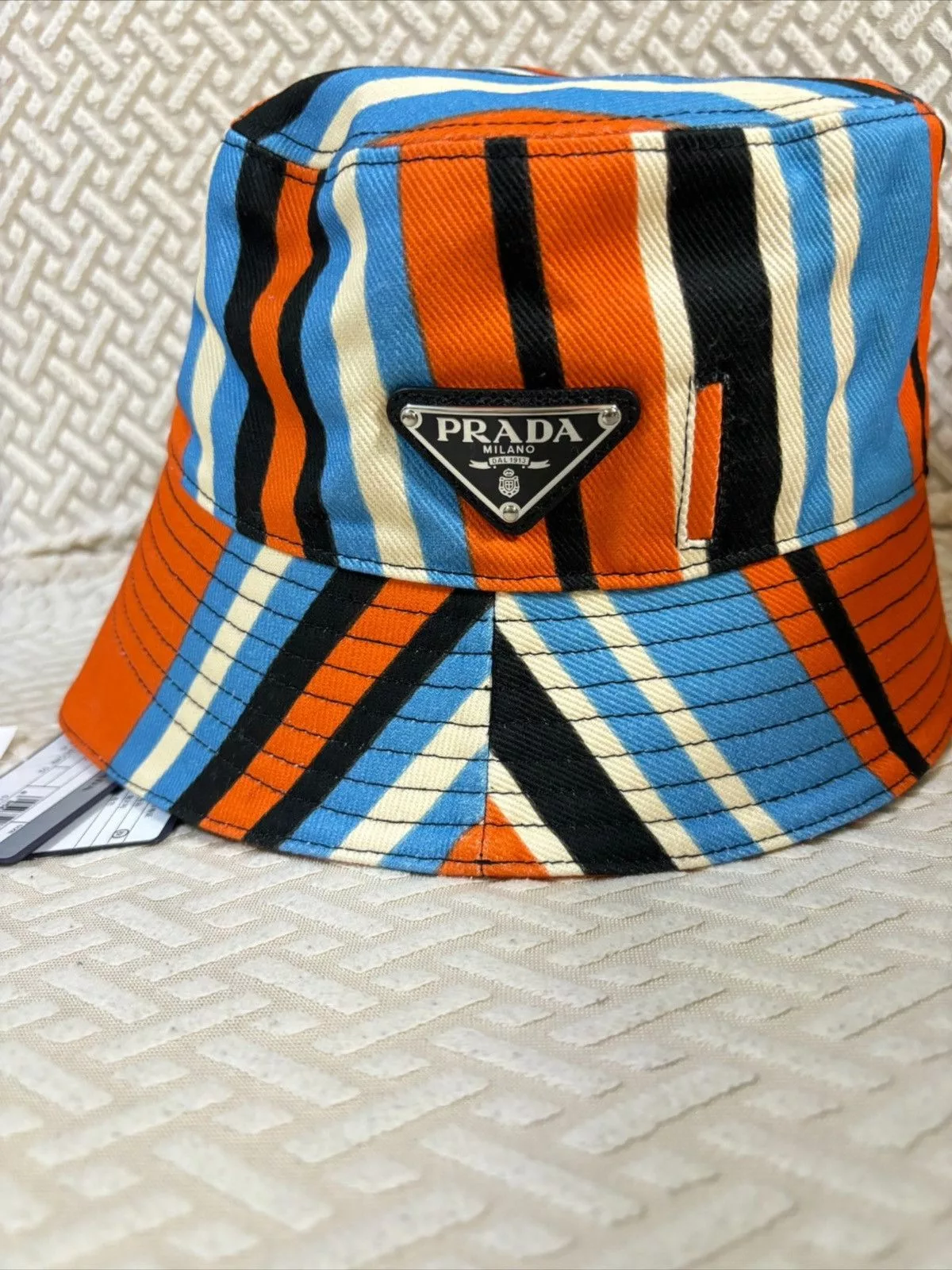 Prada Hats Prada Triangle Logo Striped Bucket Hat Orange