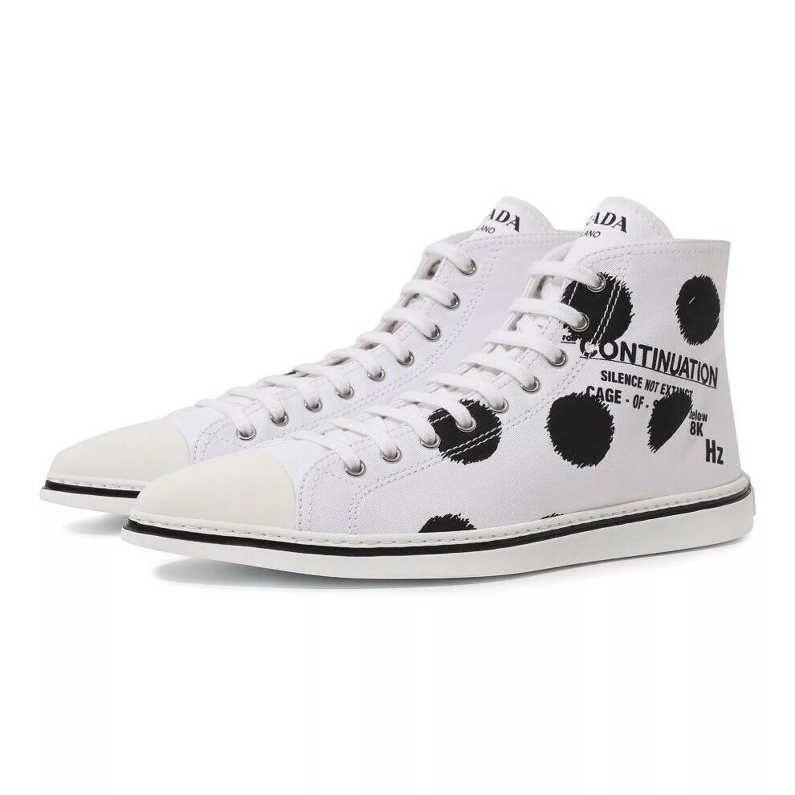 Prada Hi Top Sneakers Prada 1T618M WHITE BLACK POLKA CANVAS LOGO POINTY CAP SNEAKERS 38