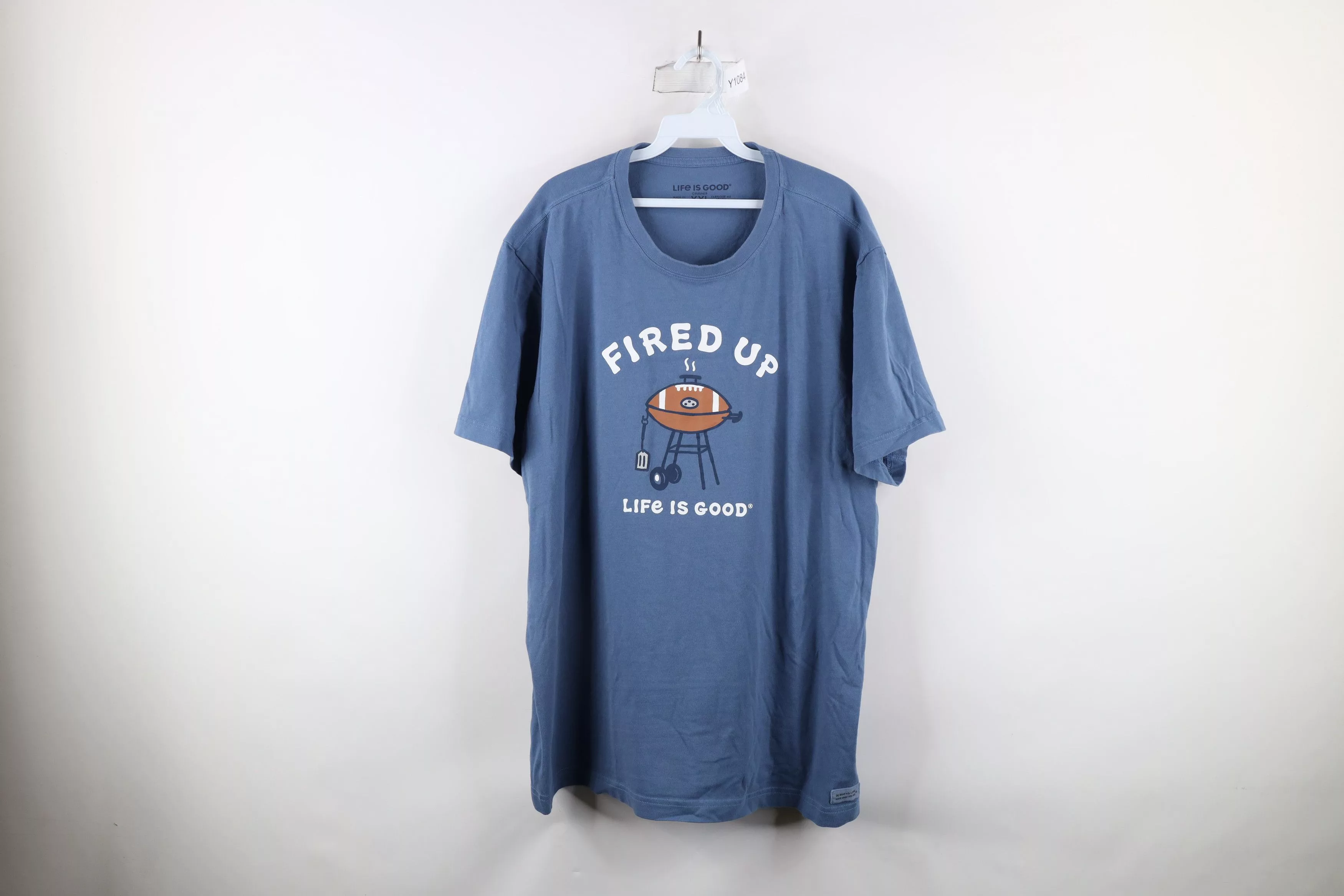 Life is Good Short Sleeve T Shirts Life is Good × Vintage Life Is Good Spell Out Fired Up Football Grill T-Shirt Blue