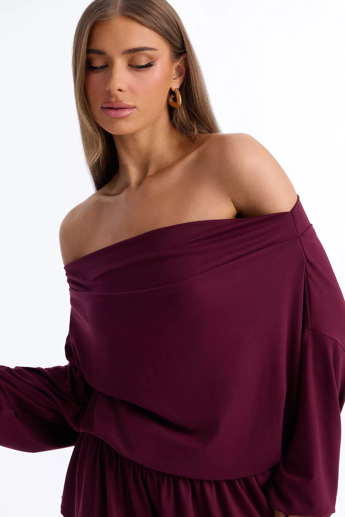 Amelia Off Shoulder Flowy Romper - Plum