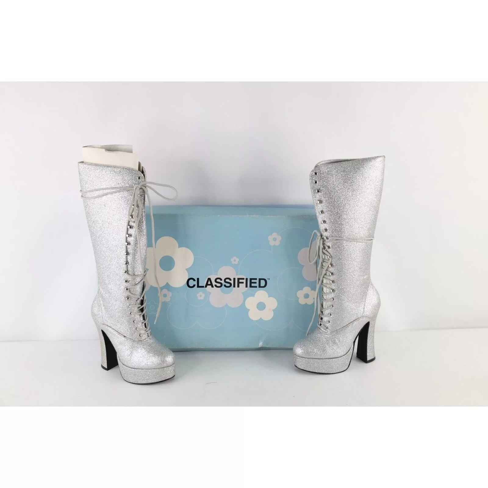 Vintage Boots NOS Vintage 90s Chunky Platform Heeled Go Go Boots Silver Streetwear