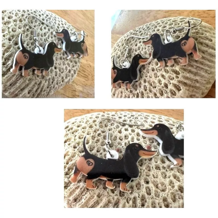 Handmade Earrings Handmade Dachshund Earrings New Dangle Hooks Double Sided Black Tan W Multi Vintage