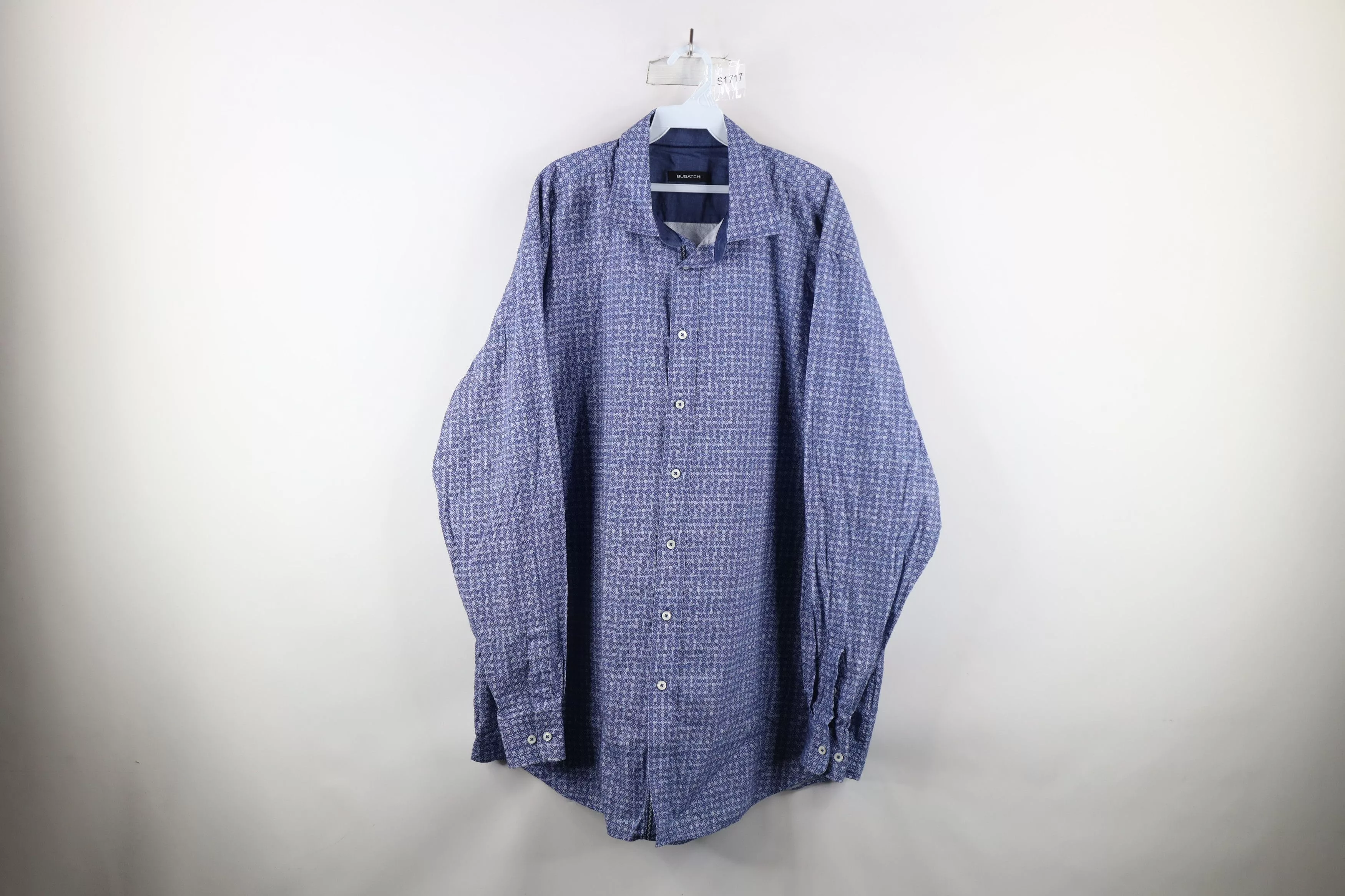 Vintage Shirts Button Ups Vintage Bugatchi Uomo Geometric Collared Button Shirt Blue Cotton
