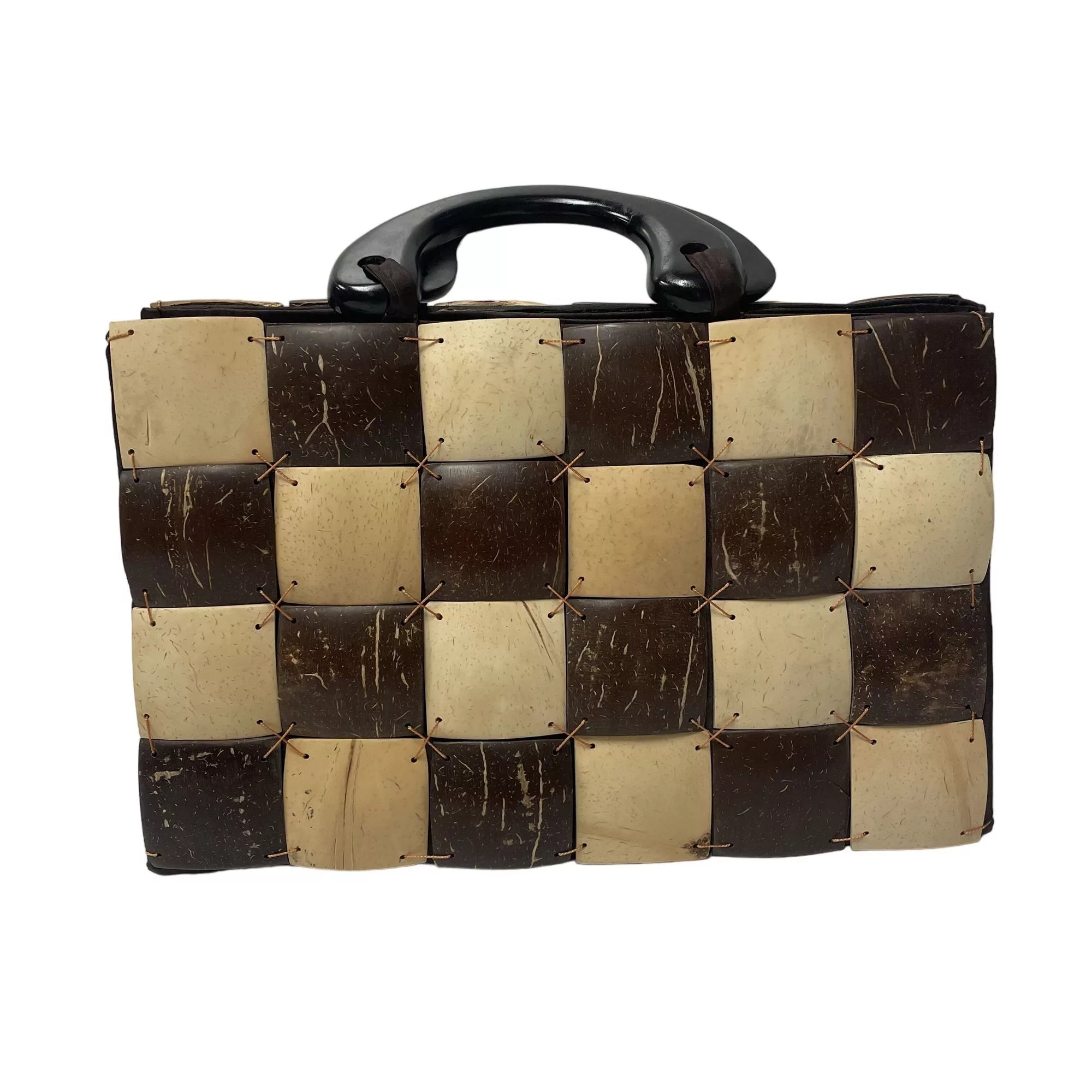 Other Handle Bags Other Vtg COCONUT Shell Patchwork MOD Handbag SATIN Lined Purse Brown