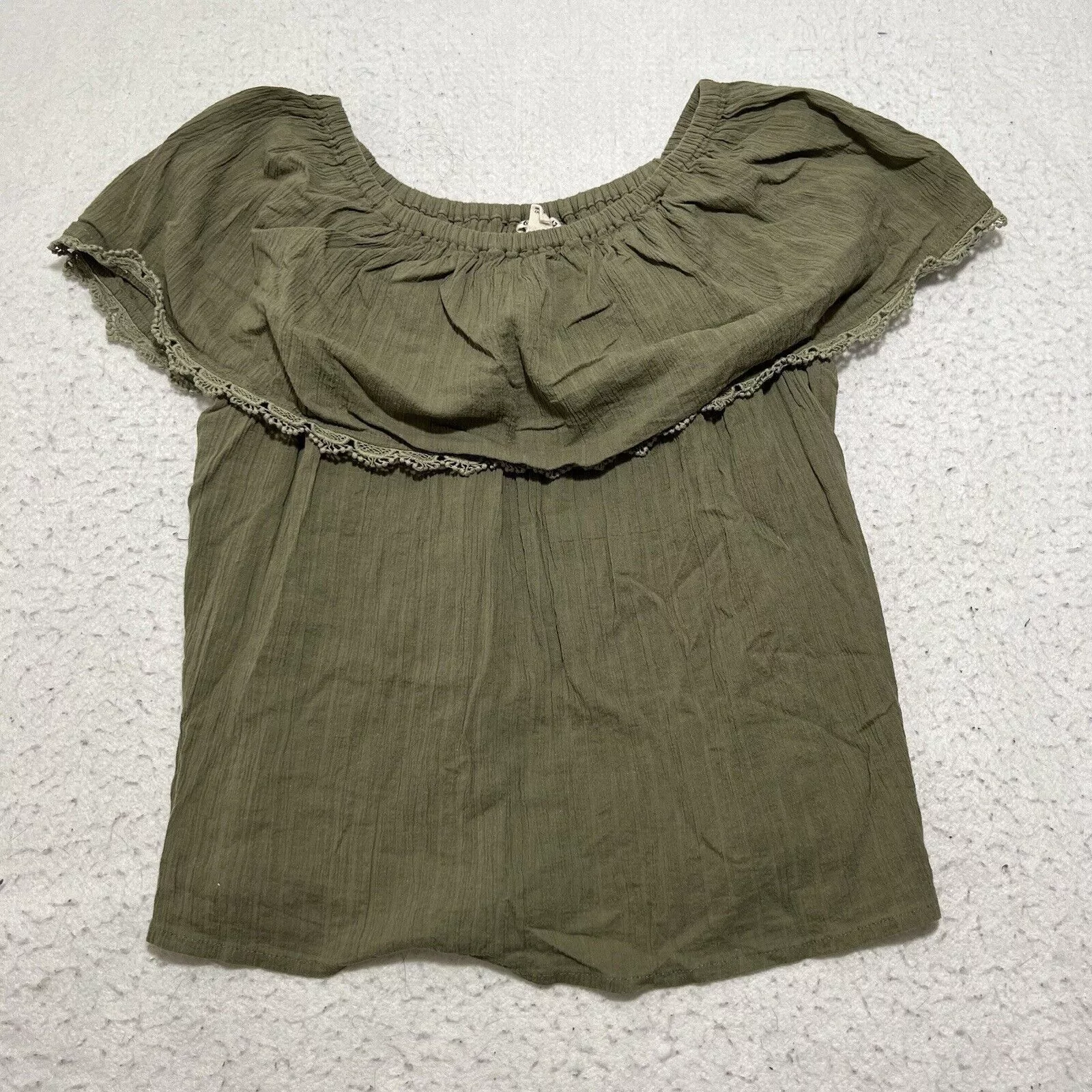 Billabong Blouses Billabong Spring Fling Off Shoulder Flounce Top Lace Trim Green