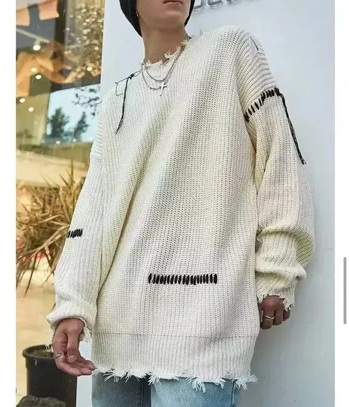 Individualized Shirts Sweaters Knitwear Individualized Shirts ripped street baggy sweater White Avant-Garde