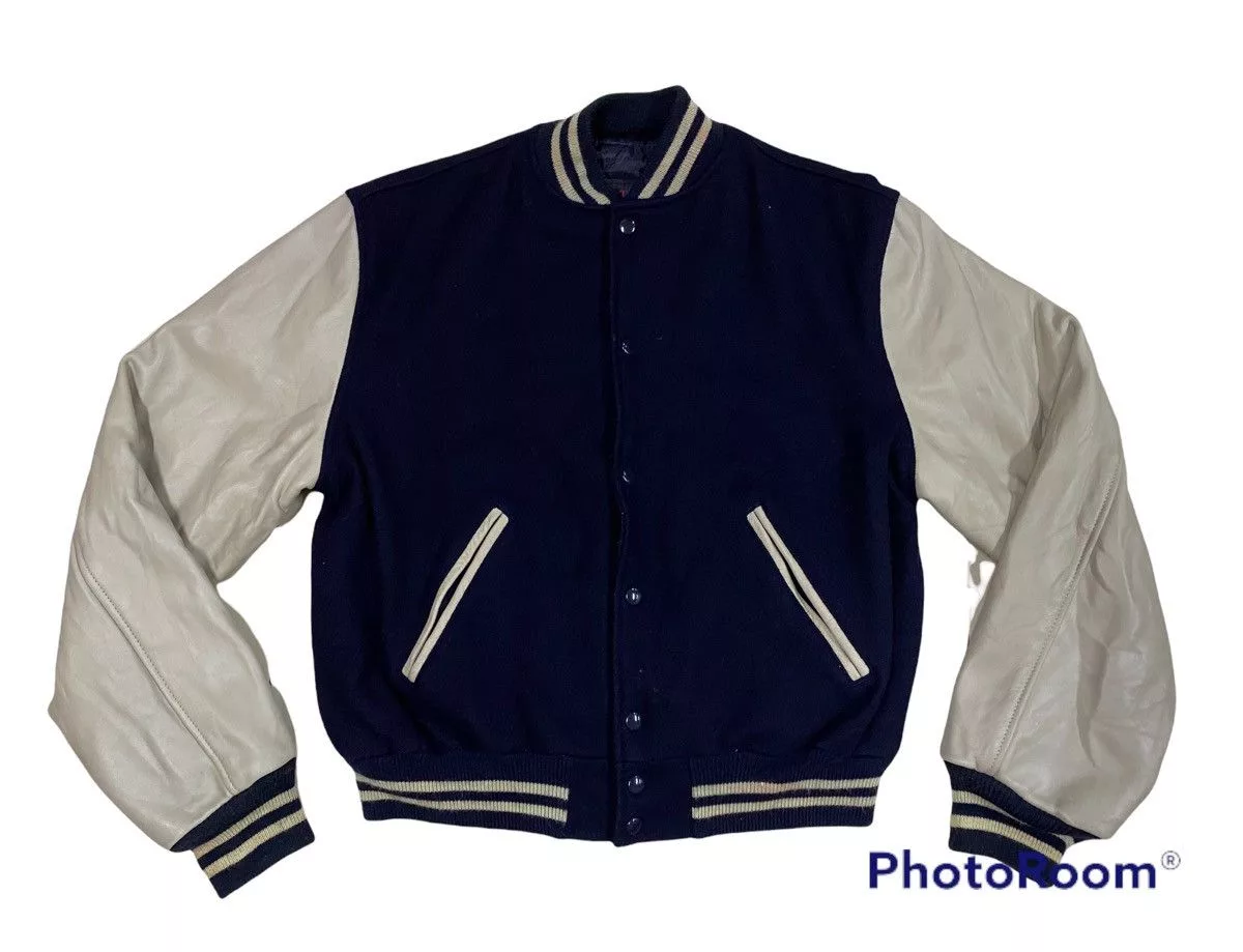 Leather Leather Jackets Vintage Wool Leather Varsity Jacket Blue