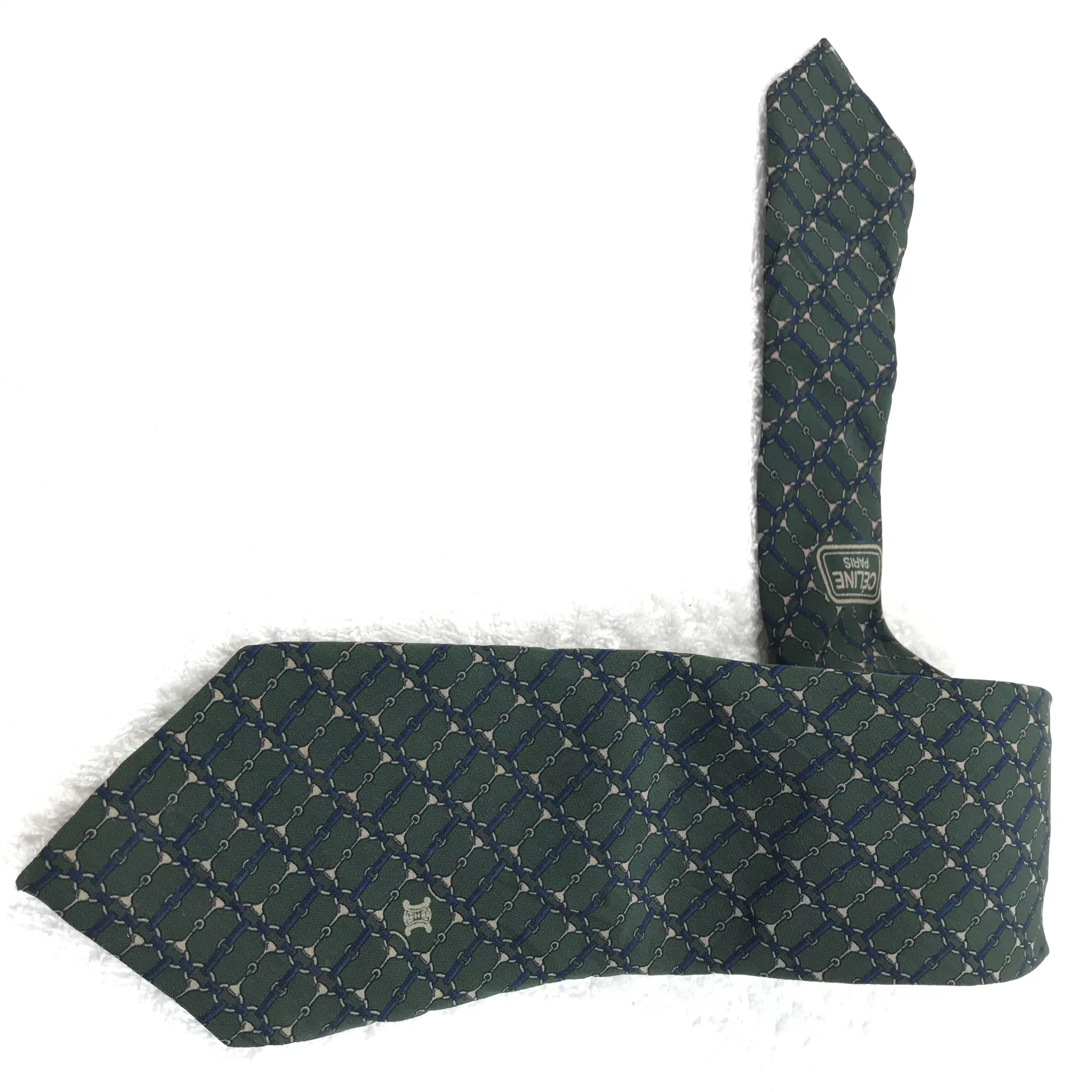Celine Ties Pocketsquares Celine × Designer × Vintage CI101 Vintage Celine Silk Necktie Monogram Style Green