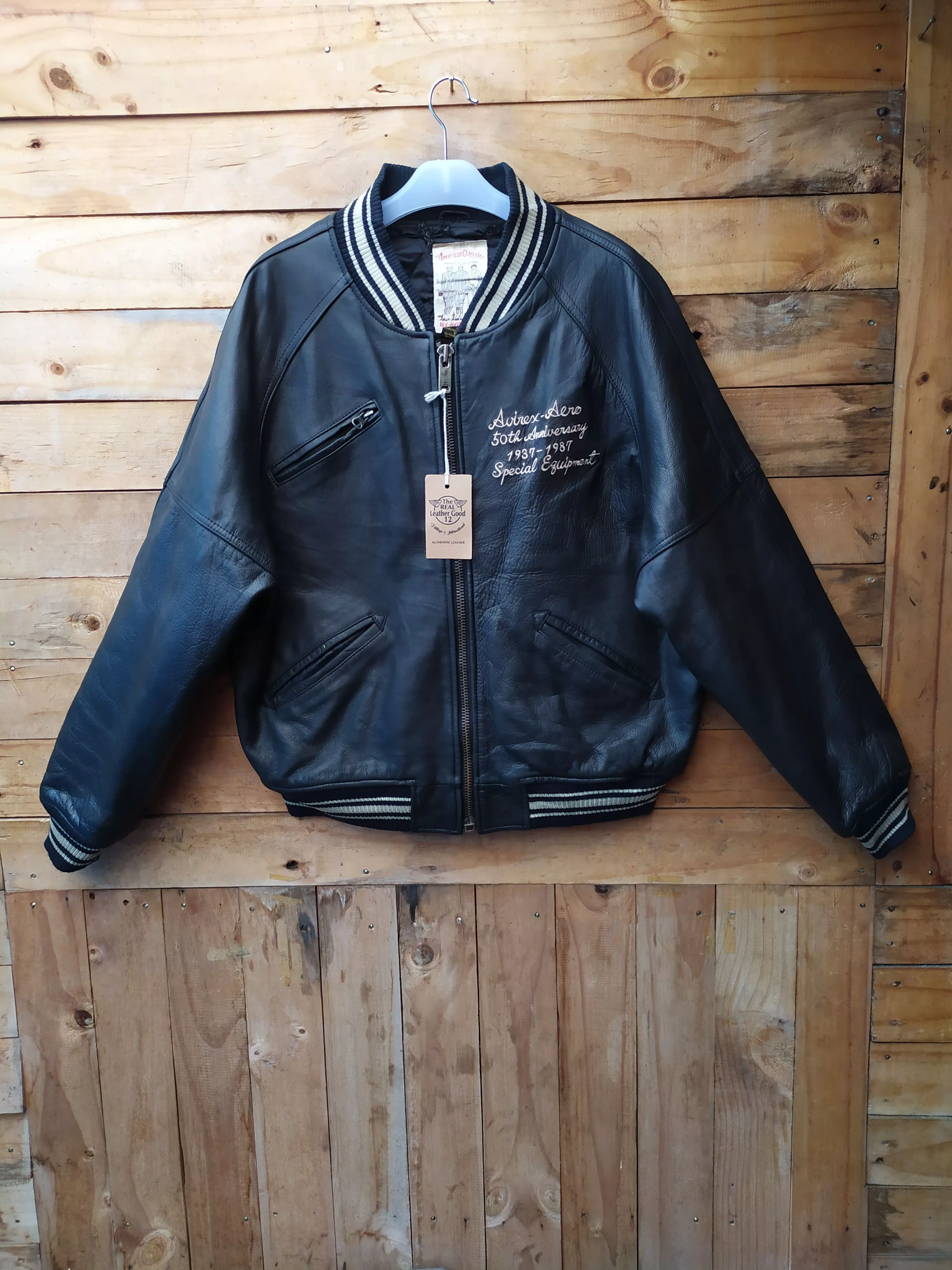 Avirex Leather Jackets Avirex × Vintage AVIREX 50TH ANNIV 1937-1987 VARSITY LEATHER FLIGHT JACKET Black